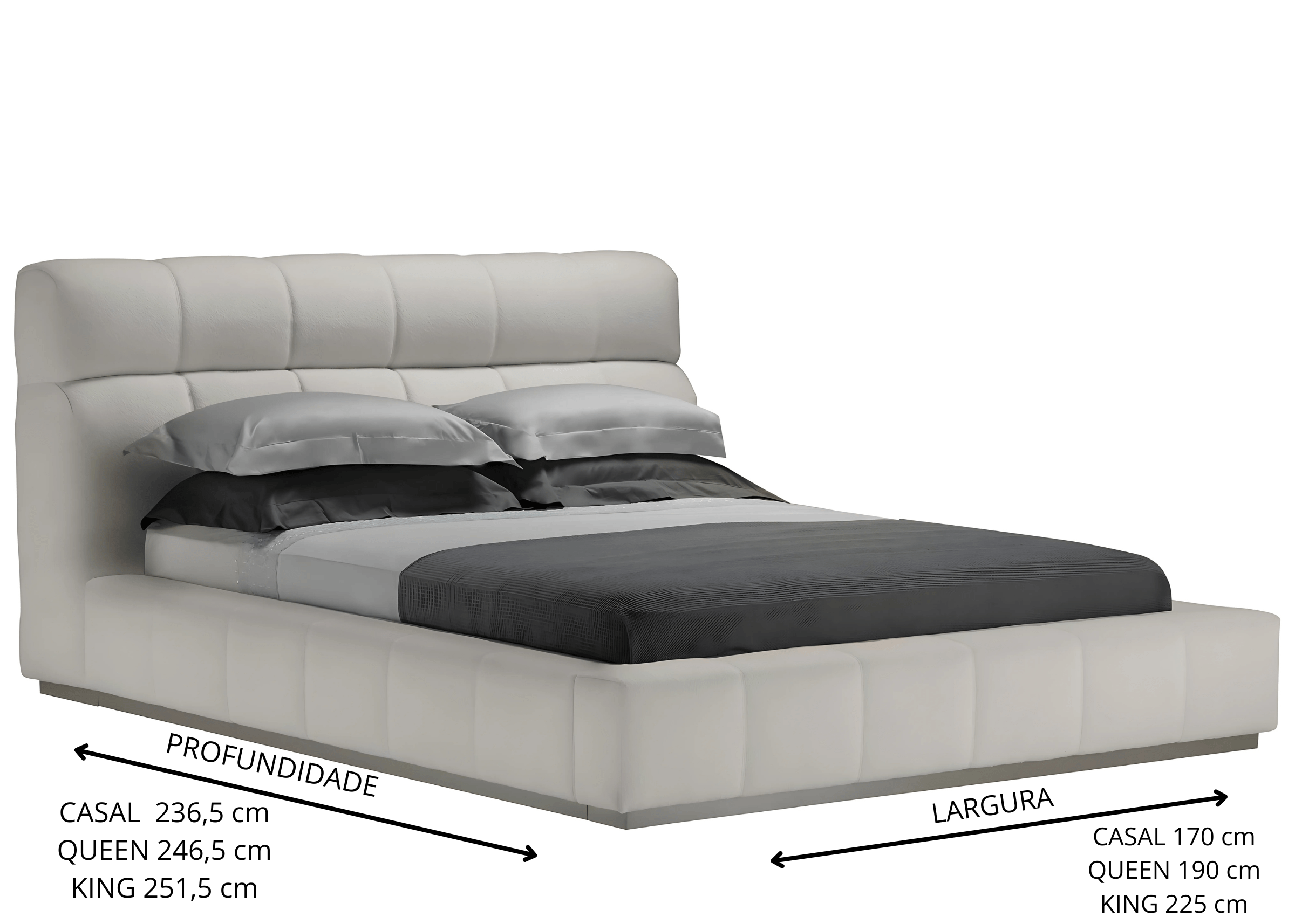 Cama de casal Aurora disponível nos tamanhos queen e king, com cabeceira estofada que oferece máximo conforto e estilo. Design moderno e acolhedor, ideal para quartos contemporâneos que valorizam elegância e bem-estar.