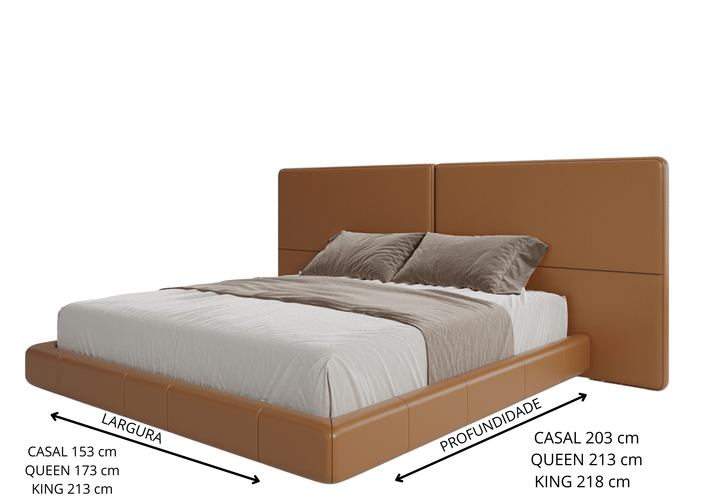 Cama de casal Tramonto disponível nos tamanhos queen e king, com cabeceira estofada em couríssimo. Design moderno e elegante, perfeita para dormitórios sofisticados que priorizam conforto e estilo.