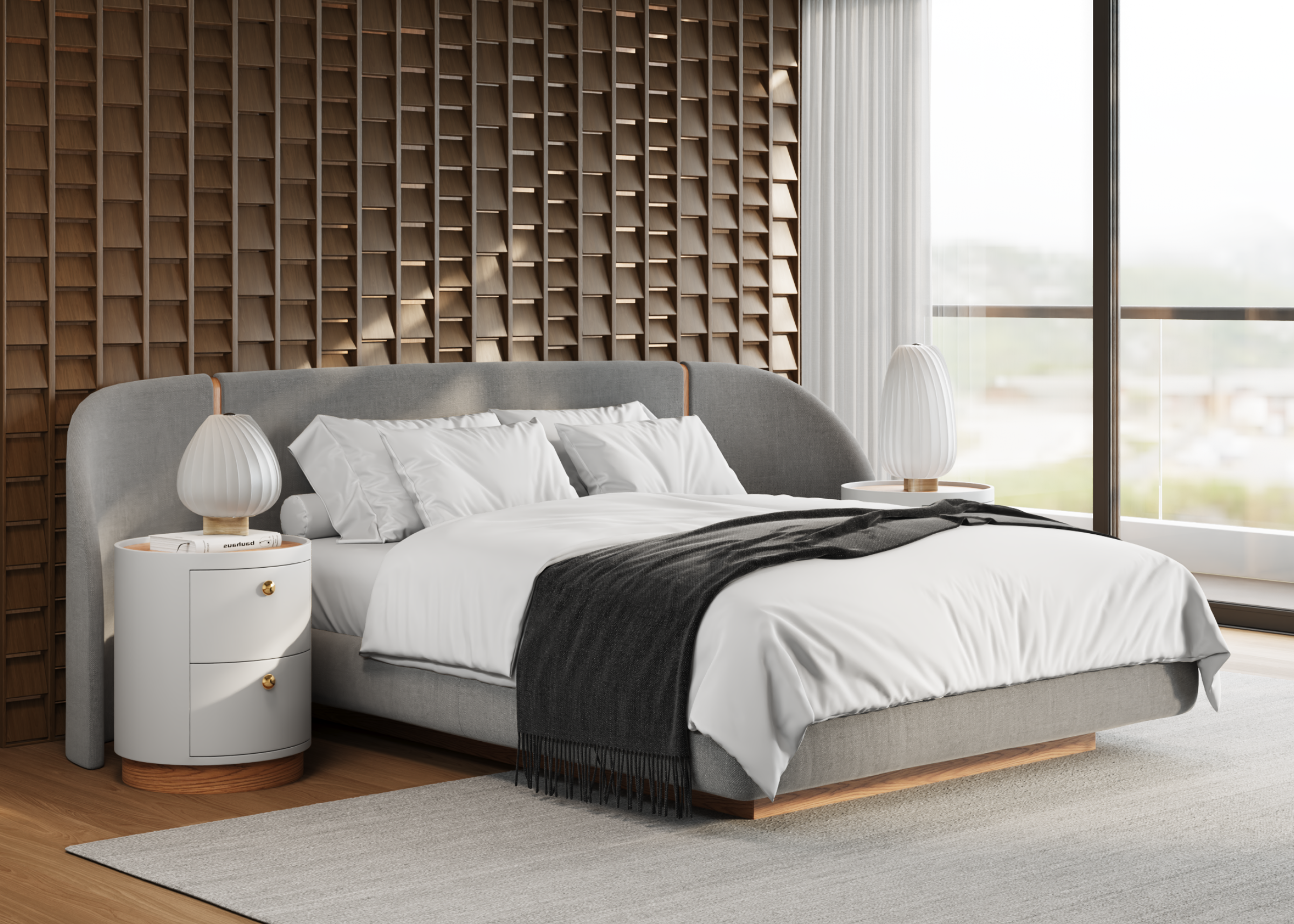 Cama Chloe em quarto aconchegante e sofisticado, apresentando design elegante e confortável, ideal para compor ambientes modernos e refinados.