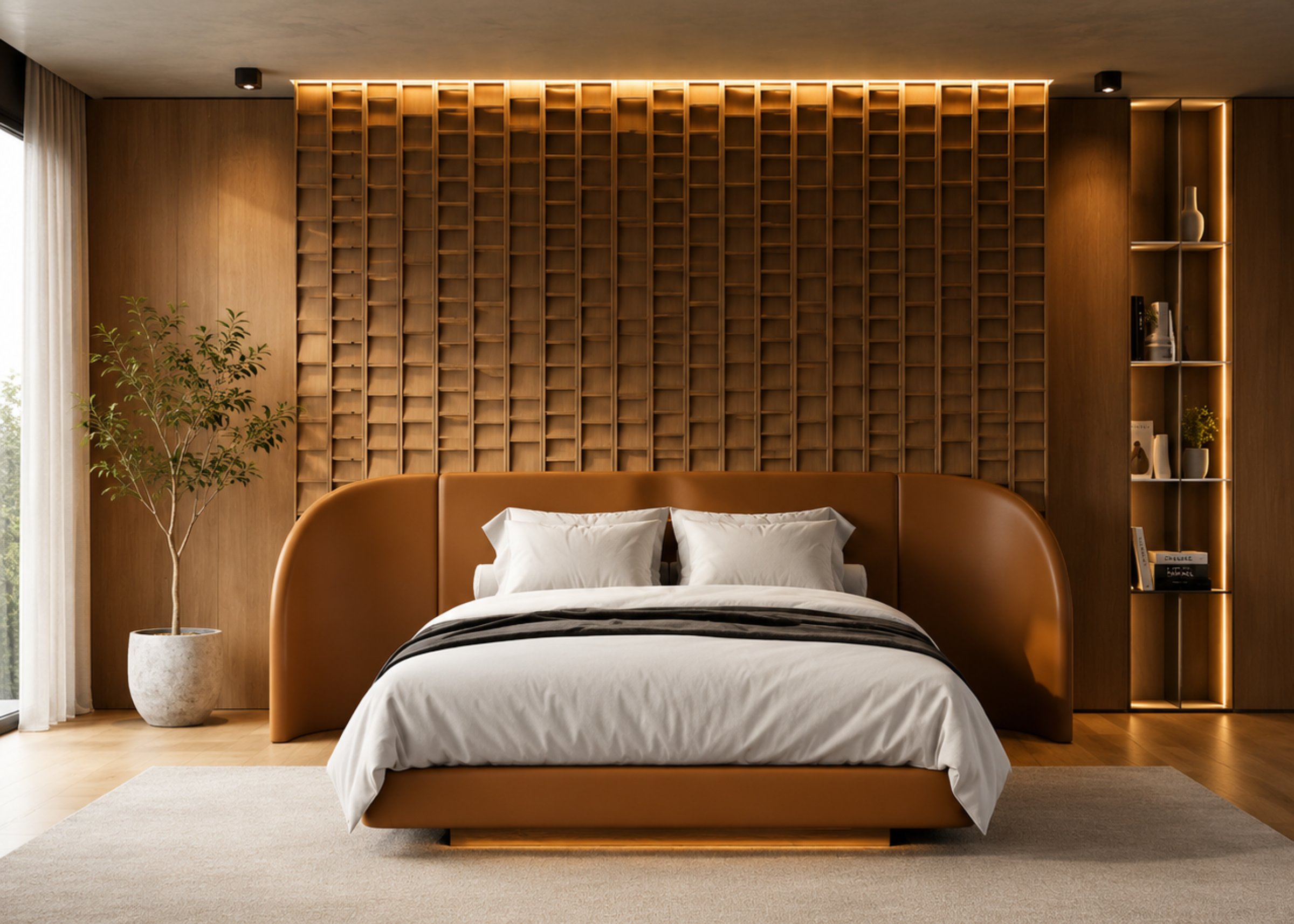 Cama Chloe em quarto luxuoso e elegante, apresentando design sofisticado e composição harmoniosa para ambientes modernos e acolhedores.
