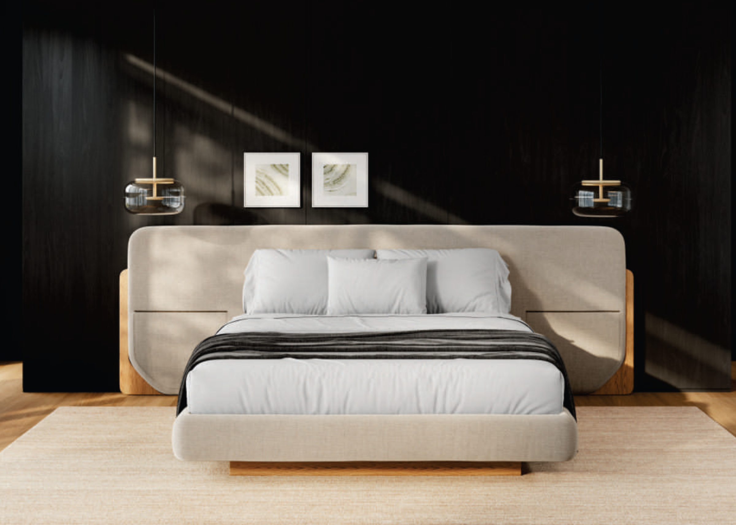 Cama Donatello em quarto elegante, apresentando design confortável e sofisticado, ideal para compor ambientes modernos e acolhedores.