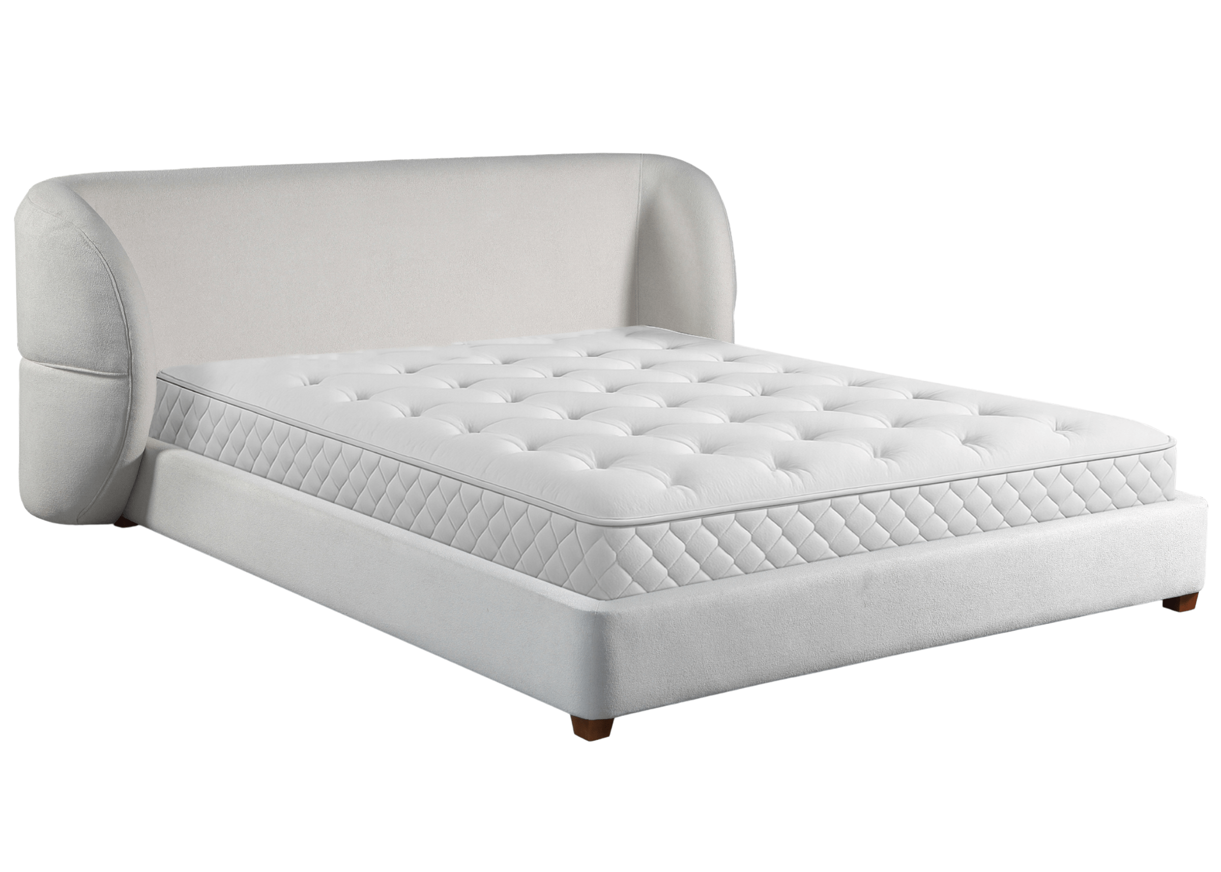 Cama Eden design contemporaneo com tecido claro e linhas arredondadas com acabamento sofisticado.