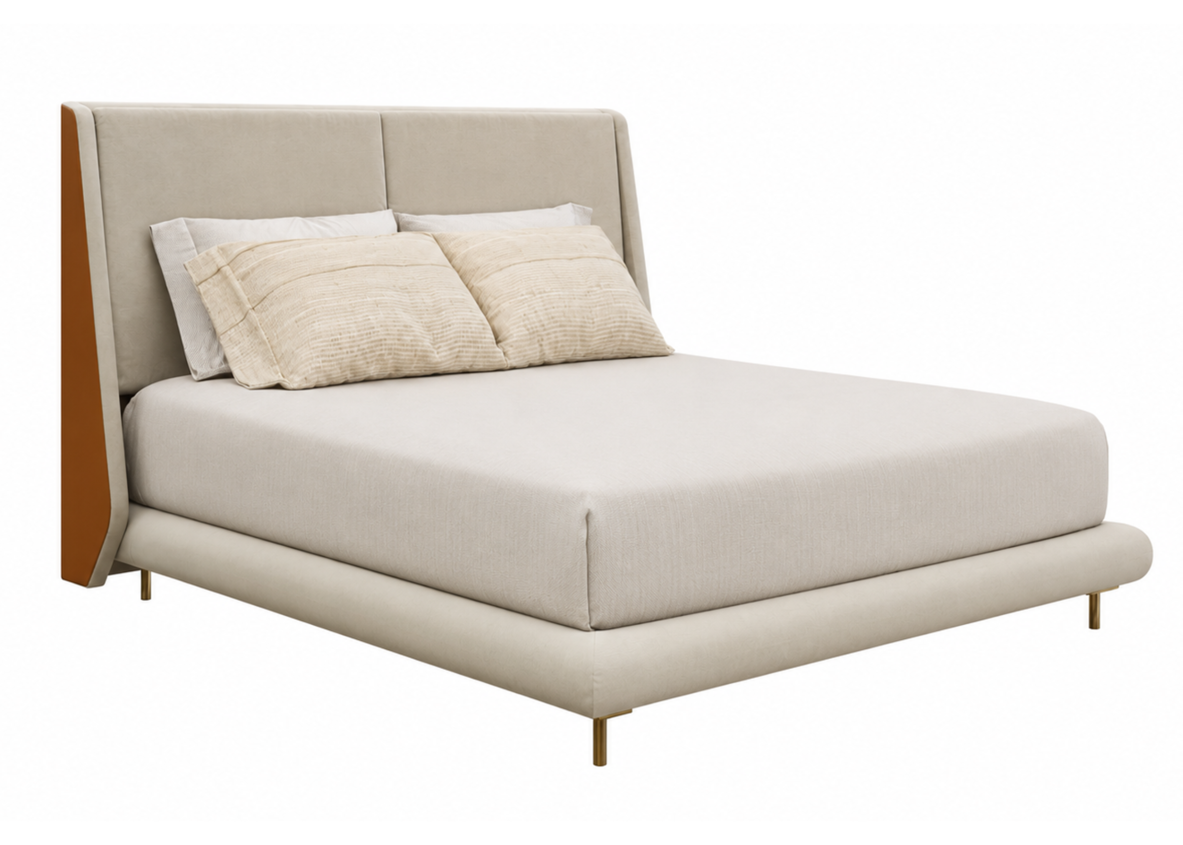 Cama Zayn com cabeceira estofada e base sofisticada, apresentando design elegante e contemporâneo, ideal para compor quartos modernos e refinados.