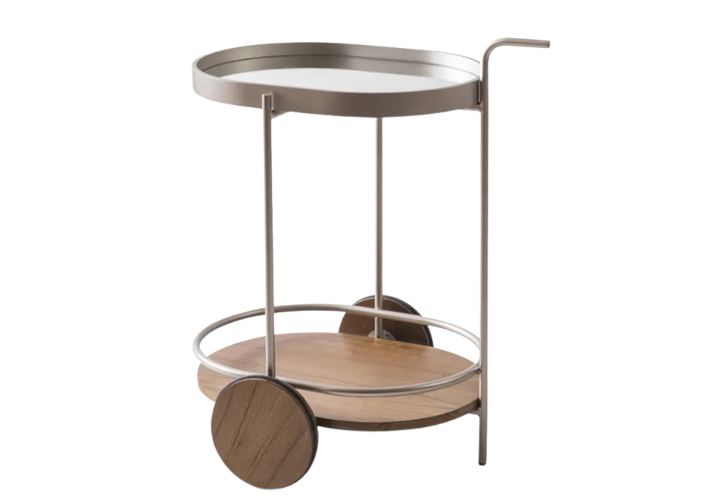 Carrinho bar Chloe com tampo espelho e base em aço carbono, apresentando design elegante e sofisticado, ideal para compor ambientes modernos e refinados.