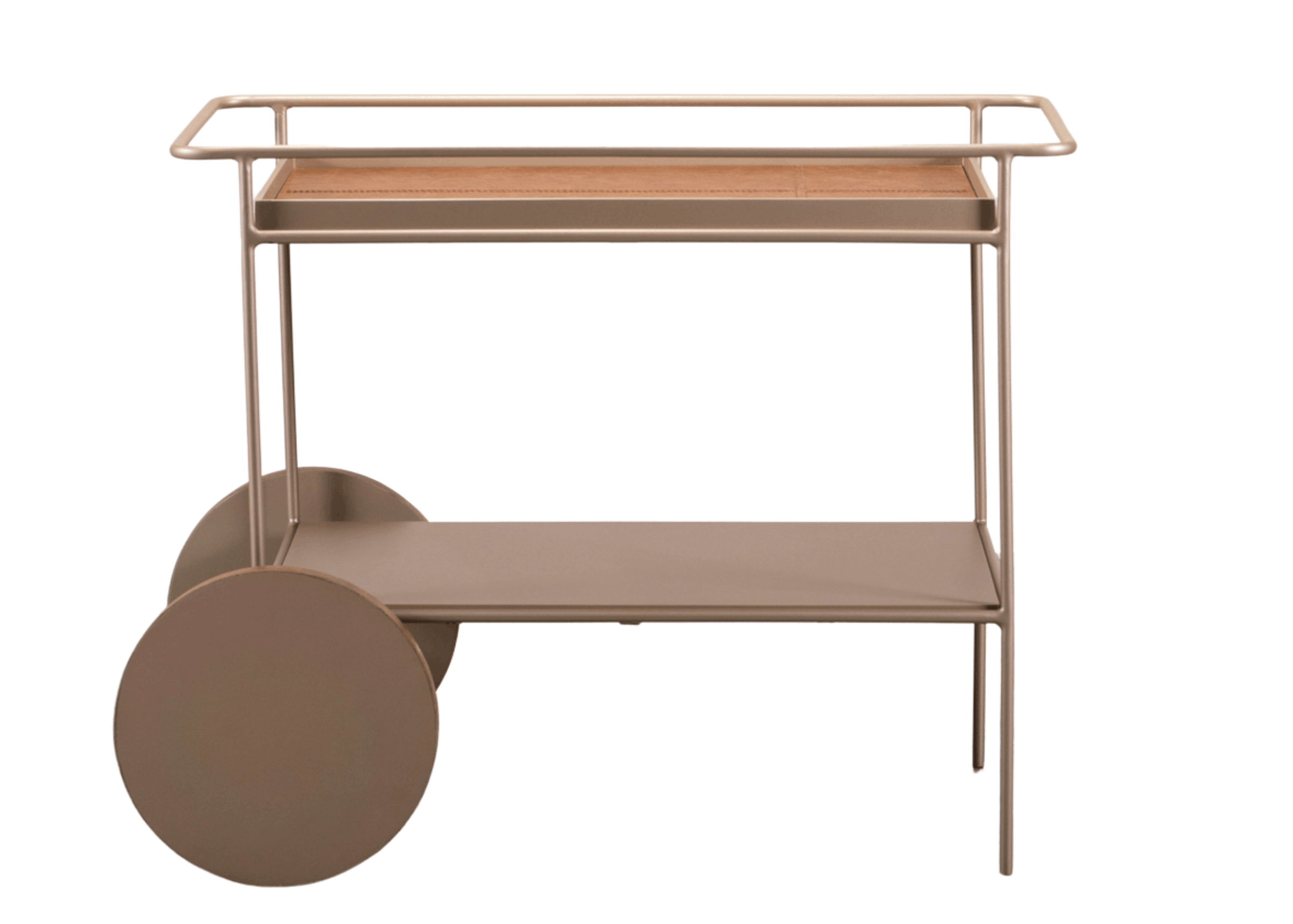 Carrinho Bar Dallas em metal com duas bandejas e rodas laterais, design moderno e elegante.