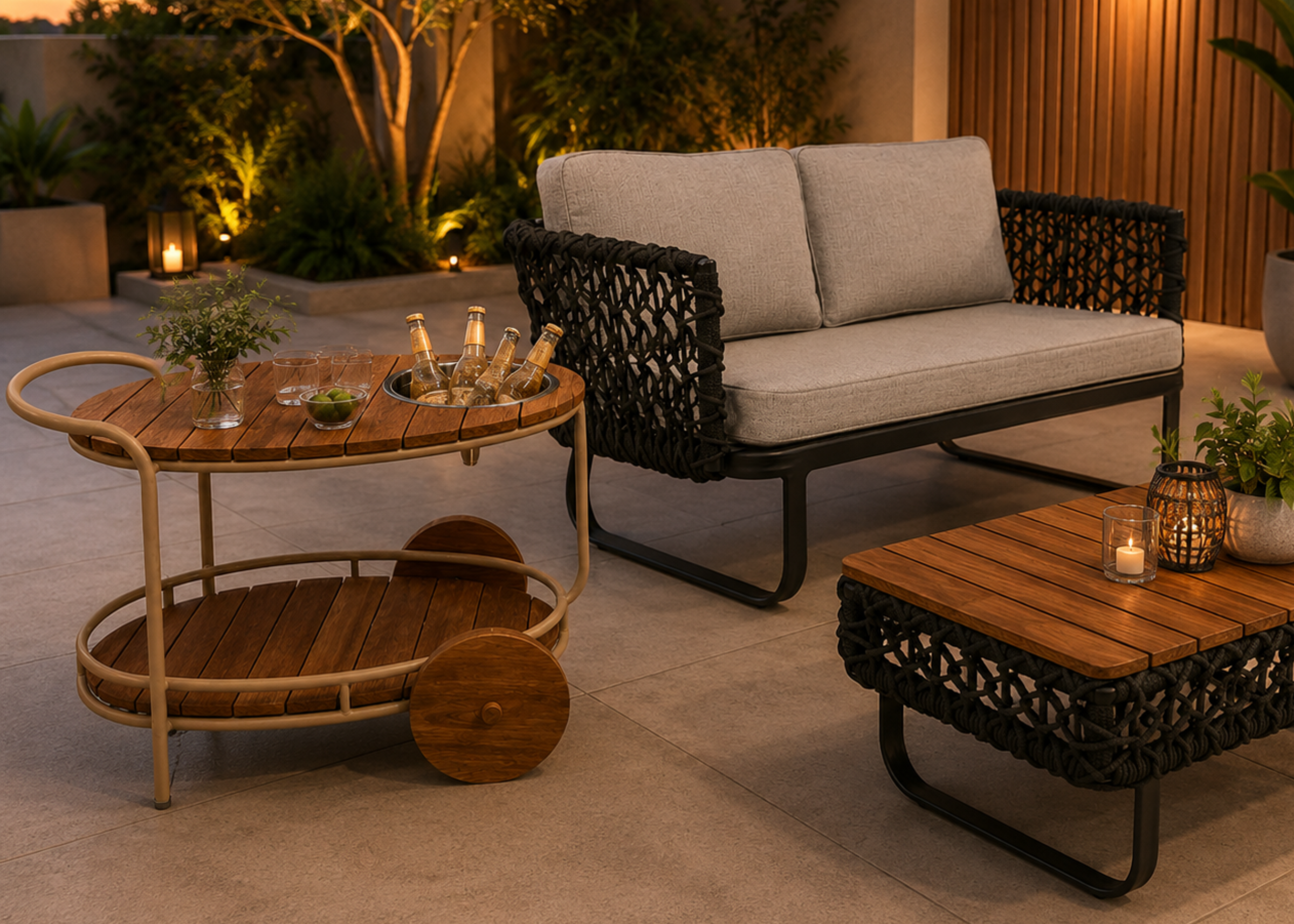Carrinho bar modelo Terrace com champanheira no tampo superior e acabamento em cumaru, ideal para ambientes modernos e áreas de lazer refinadas.