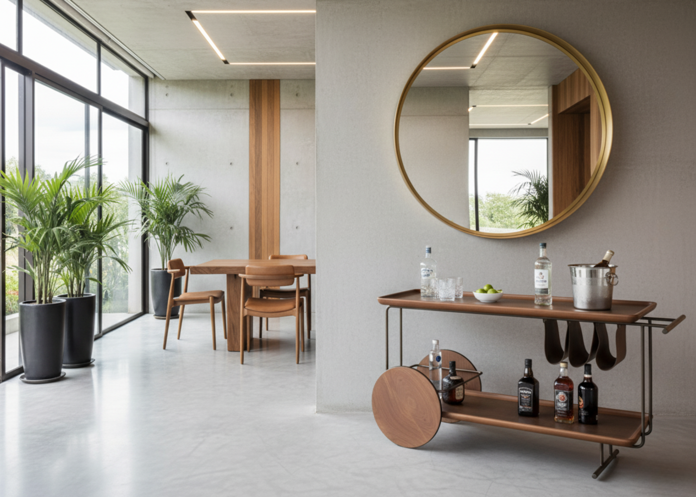 Carrinho bar modelo Sommelier em madeira jequitibá com detalhe em couro natural, design contemporâneo e elegante, ideal para salas de jantar sofisticadas.