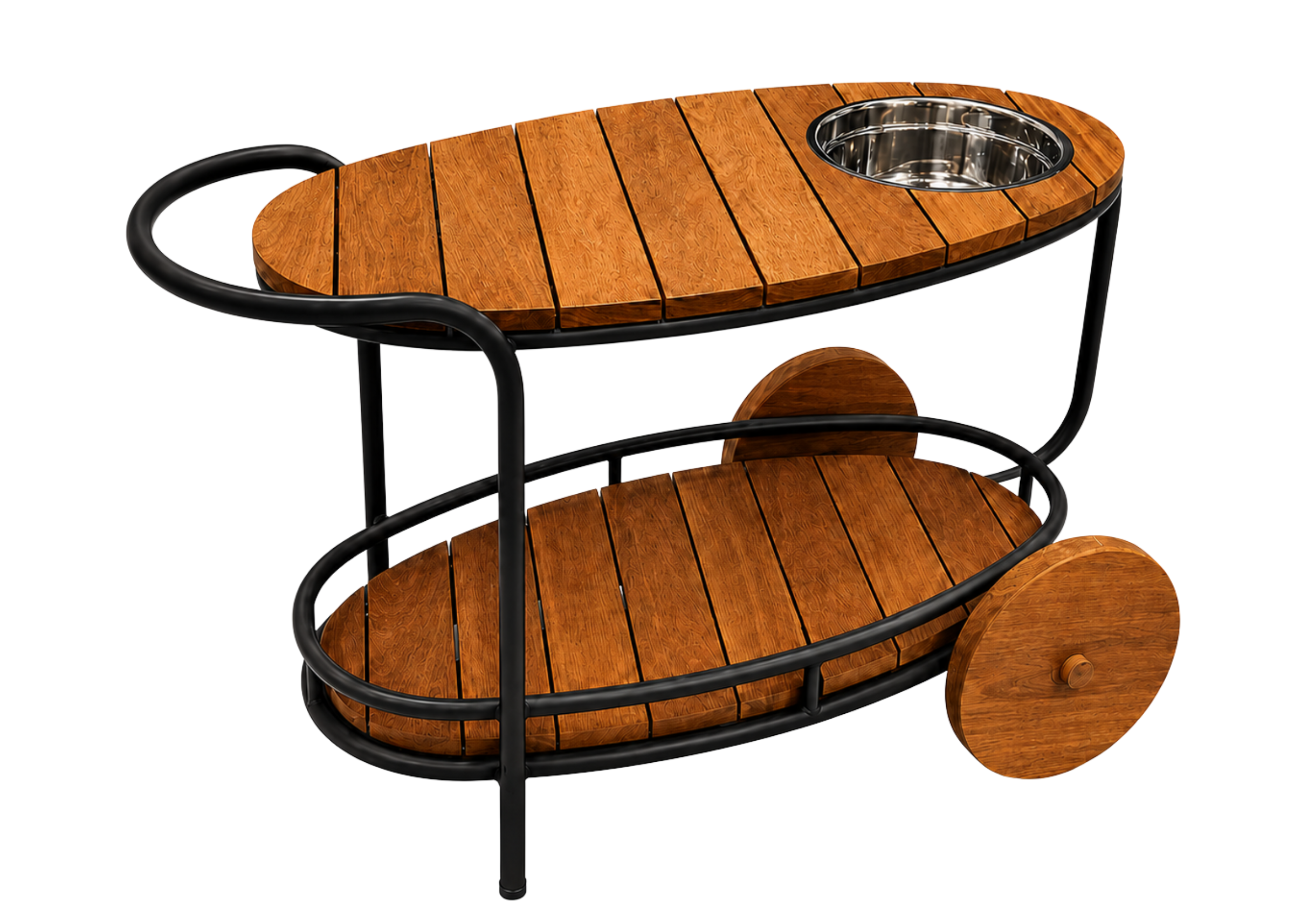 Carrinho bar Terrace com tampos e rodas em madeira cumaru e estrutura em alumínio, apresentando design elegante e funcional para compor espaços sofisticados.
