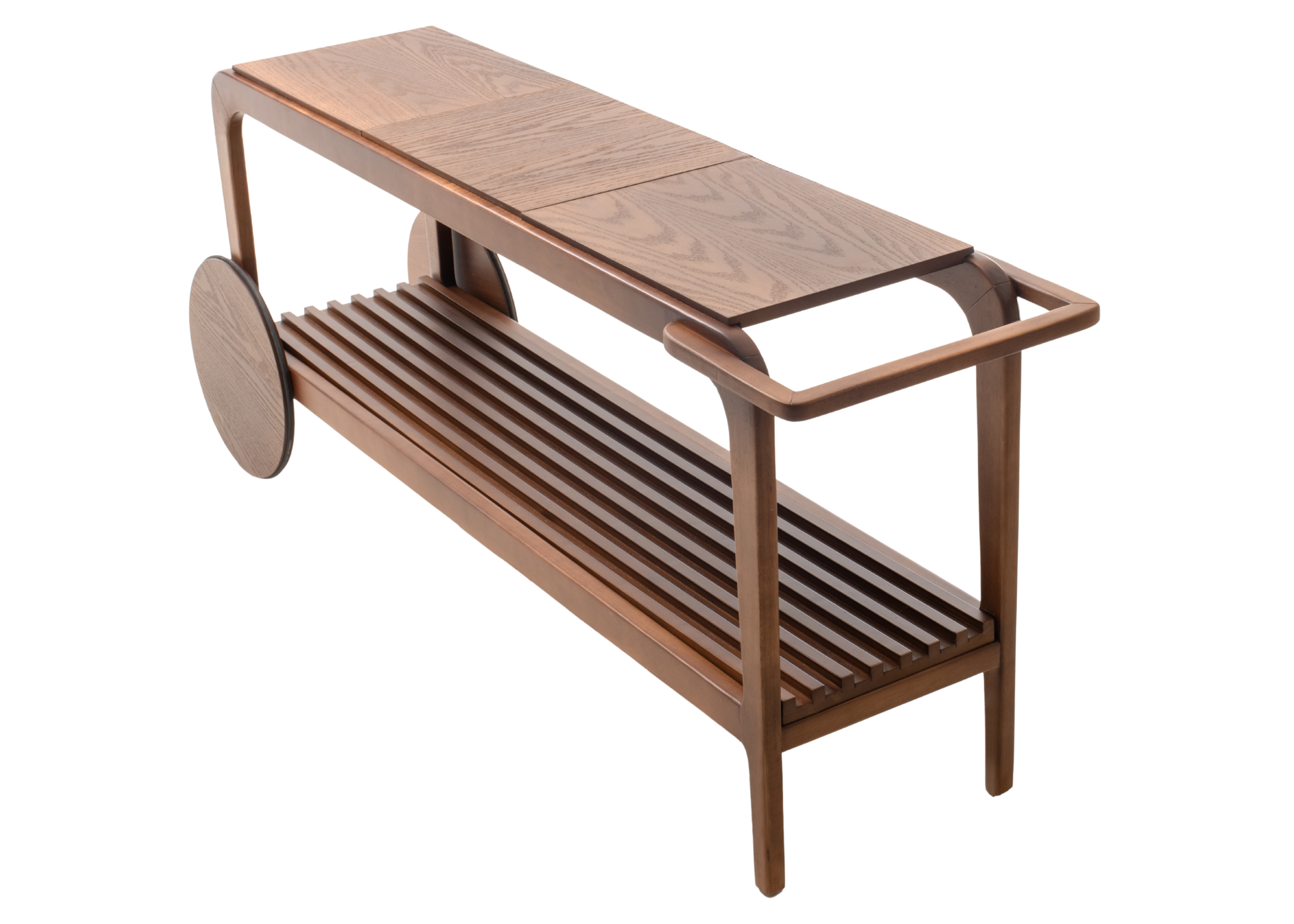 Carro bar modelo Ninho, produzido em madeira nogueira, com design funcional e acabamento elegante.