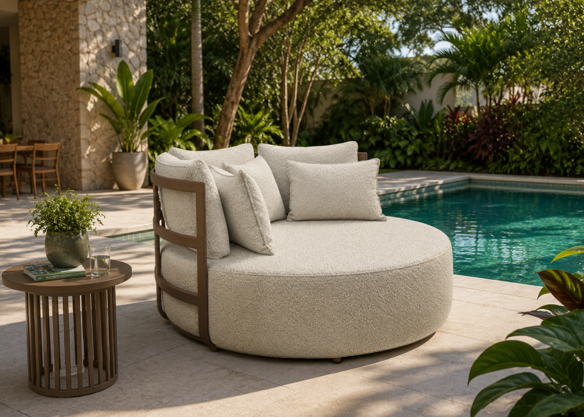 Chaise Costa em alumínio pintado com assento impermeável para área externa, ideal para compor espaços elegantes e acolhedores ao ar livre.