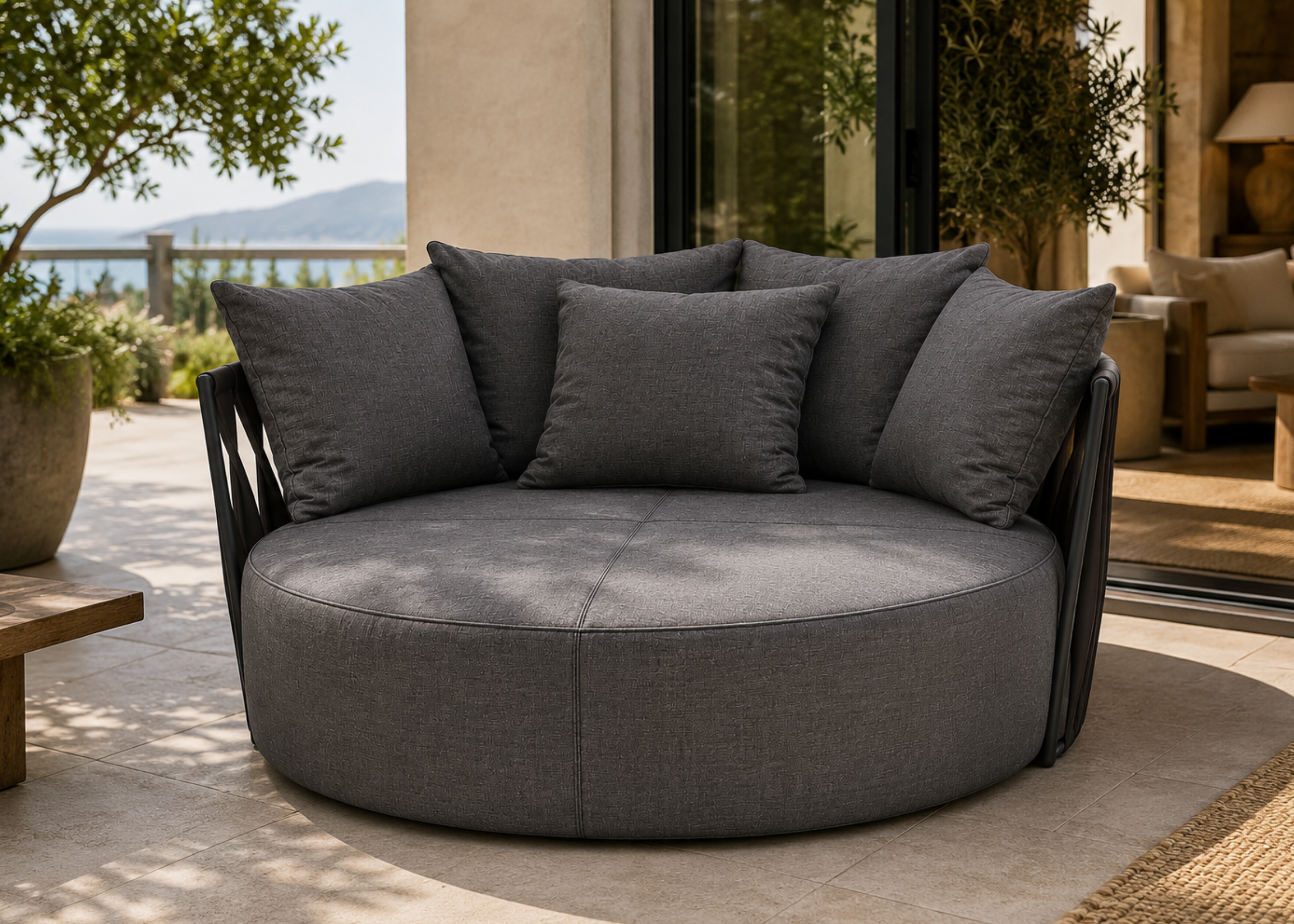 Chaise Lattice com revestimento cinza escuro e almofadas decorativas, apresentando design sofisticado e elegante, ideal para compor ambientes modernos e acolhedores.