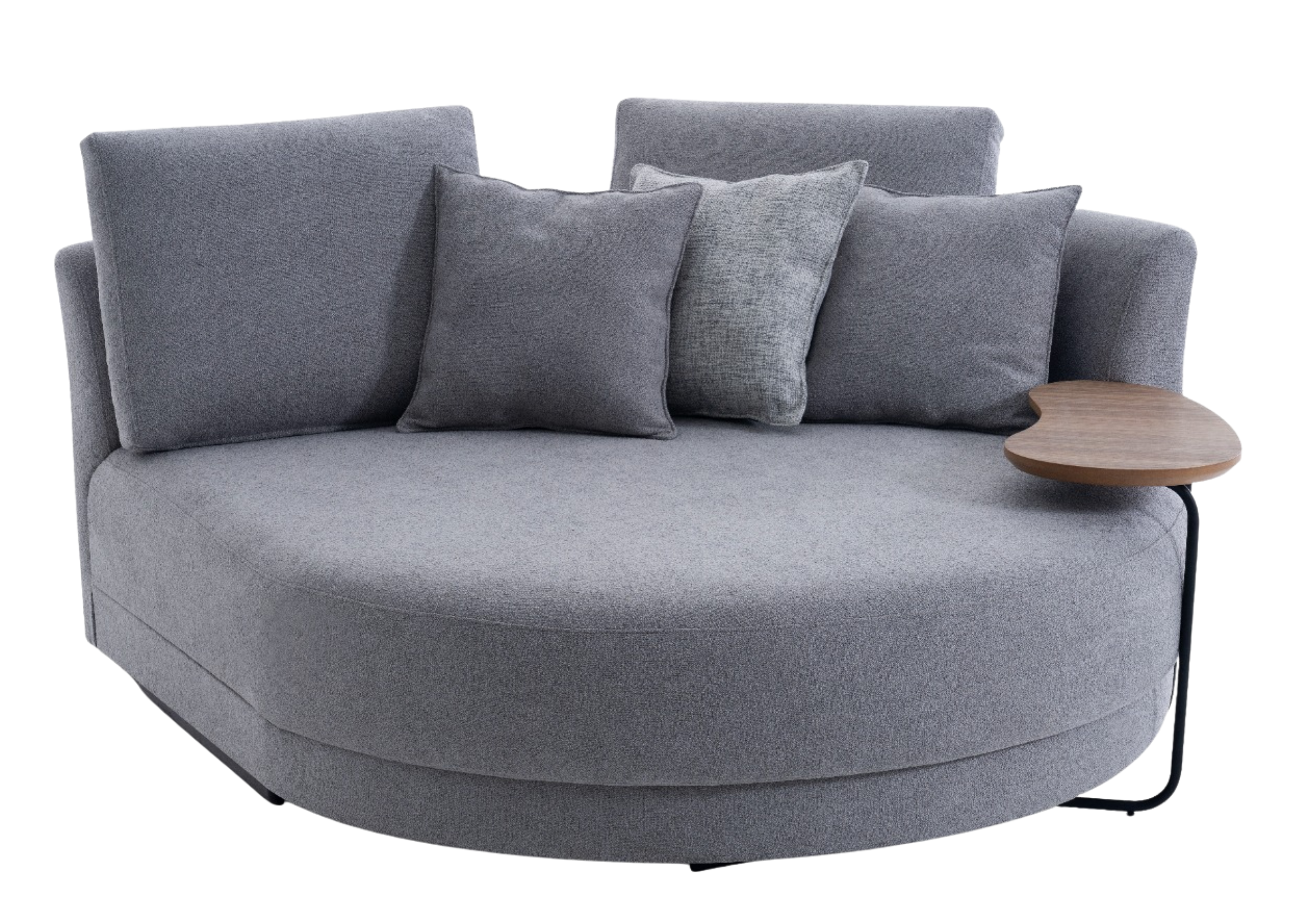 Chaise redonda estofada modelo Ethos, acompanhada de mesa de apoio lateral. Design luxuoso e contemporâneo, ideal para composições sofisticadas, apresentada sobre fundo neutro.