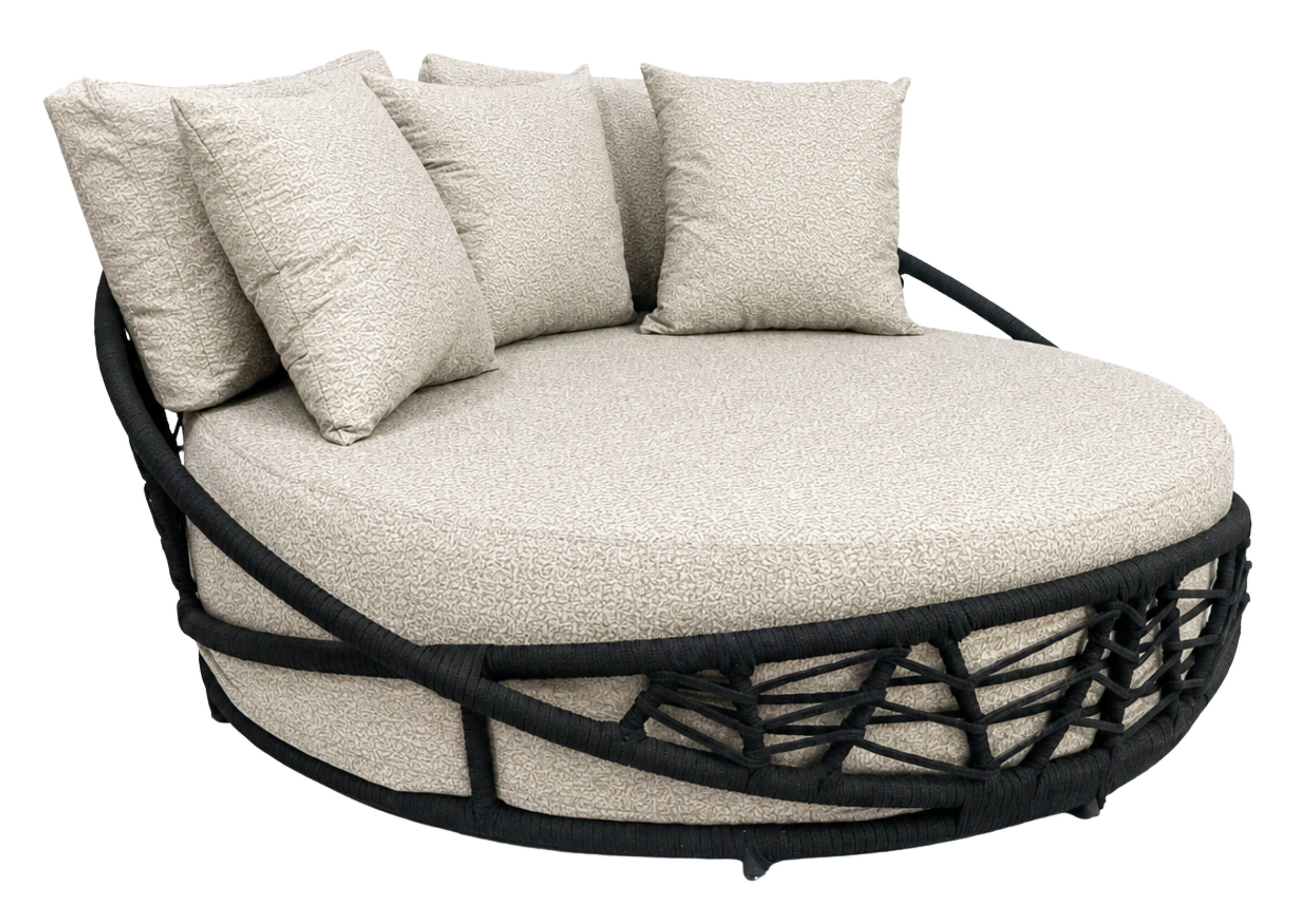 Chaise Sunrise para área externa com estrutura em alumínio pintado, corda náutica e revestimento impermeável, apresentando design moderno e resistente para ambientes ao ar livre.