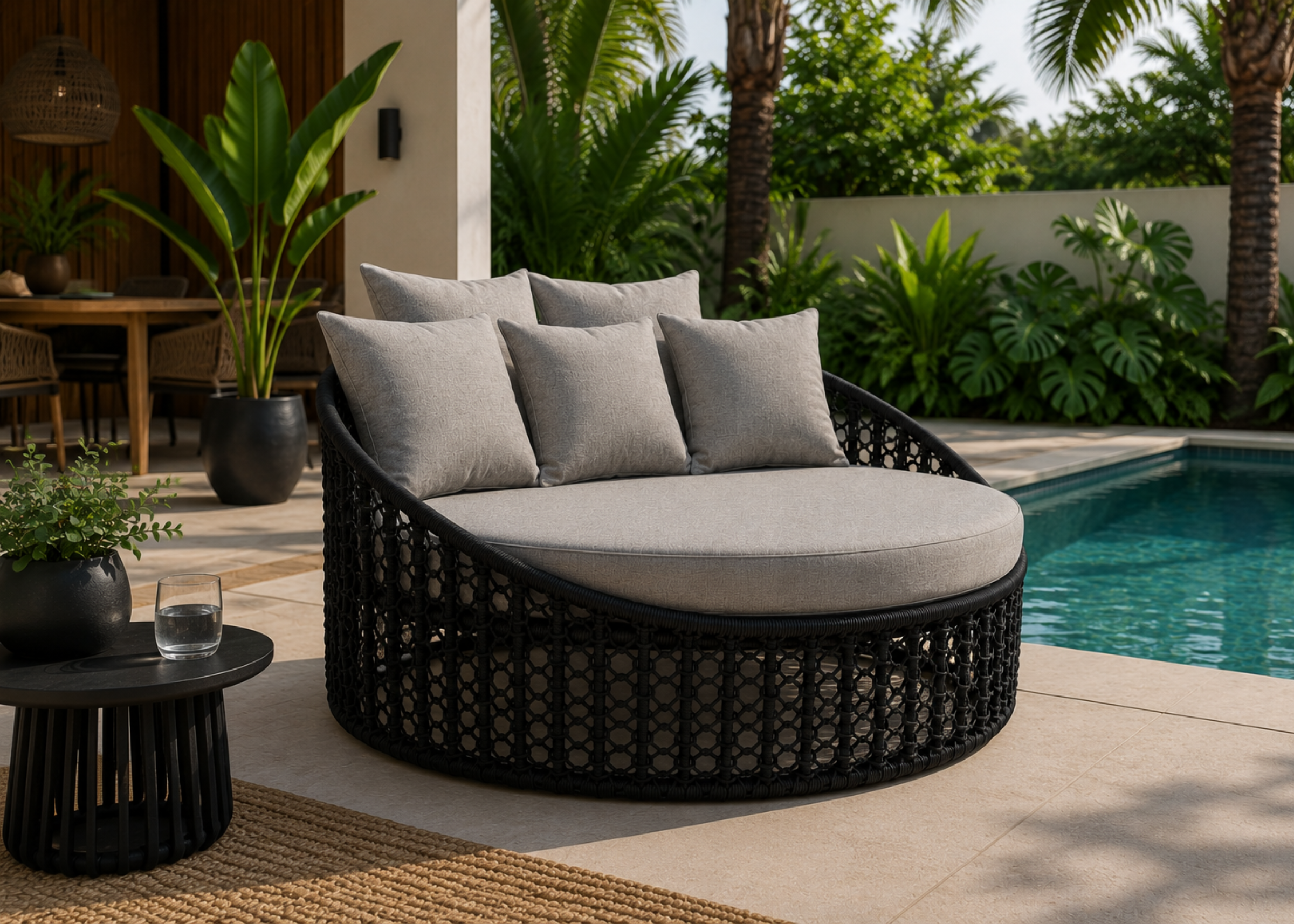Chaise Terrace com design contemporâneo, corda náutica e estrutura em alumínio, apresentando sofisticação para áreas externas modernas.