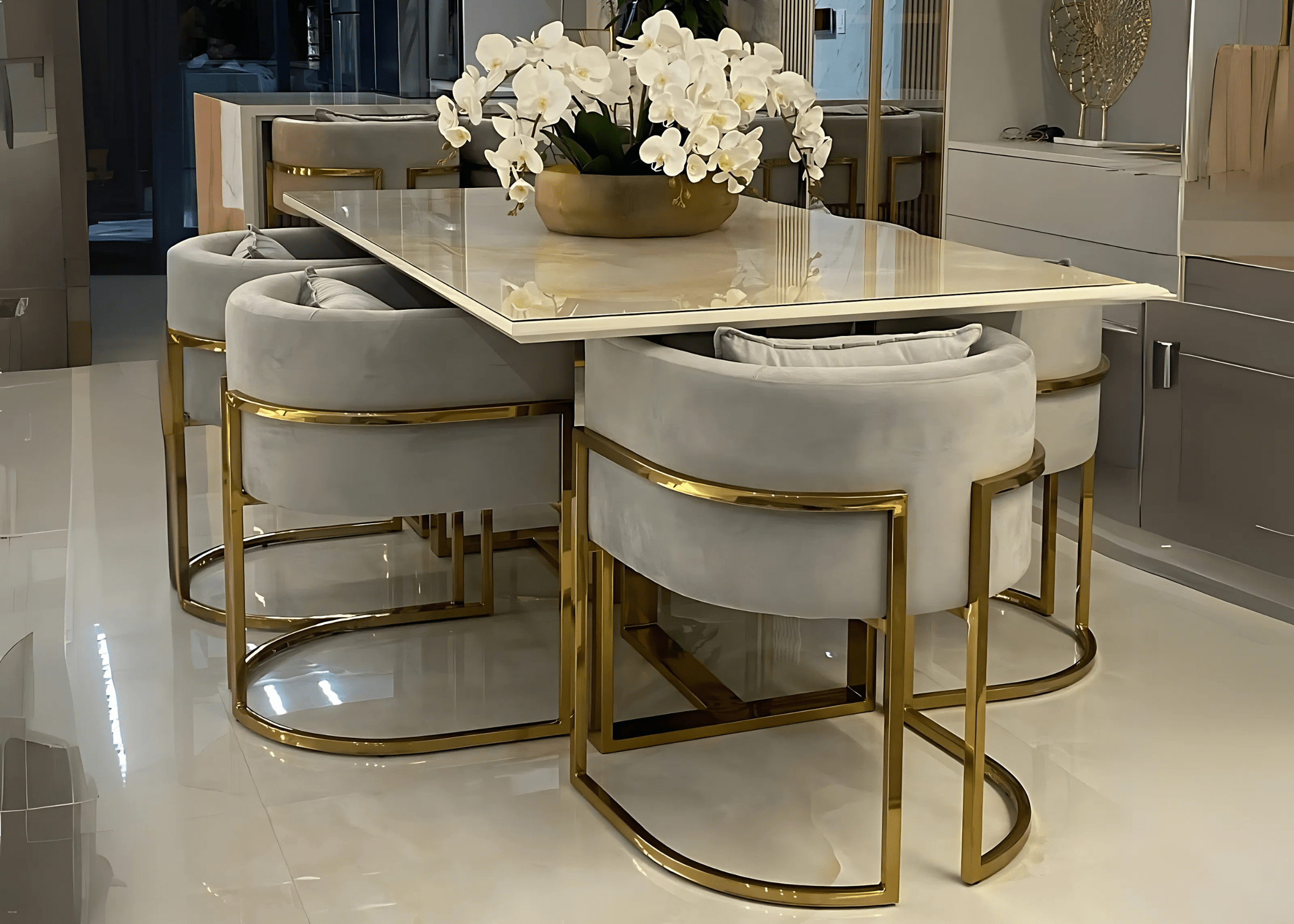 Conjunto de jantar Mesa Eldorado com 6 poltronas em ambiente sofisticado.