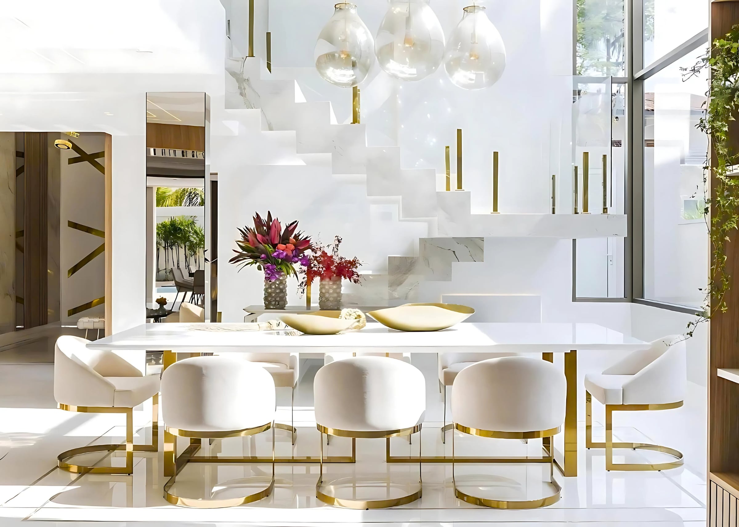 Conjunto de sala de jantar de alto padrão com mesa e 8 cadeiras em em aço inox dourado gold - Moveca