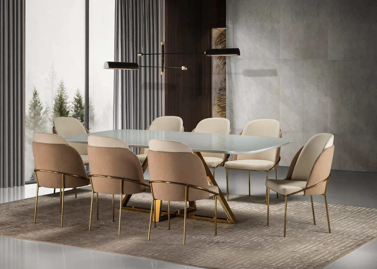 Conjunto elegante de mesa de jantar tampo com vidro extra clear, e 8 cadeiras de aço inox, perfeito para ambientes modernos e sofisticados
