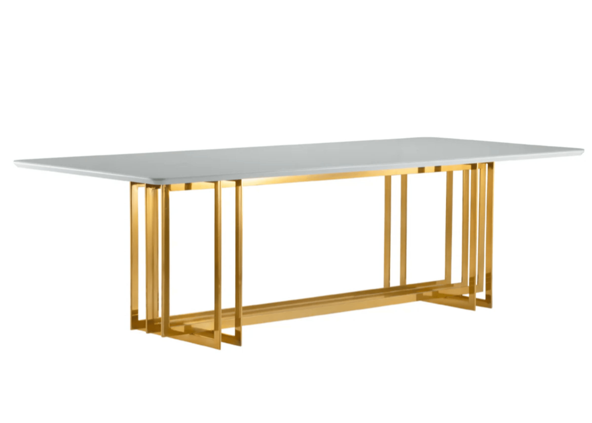 Conjunto de mesa e cadeira com base em inox dourado e tampo em laca branca, oferecendo um design moderno e sofisticado para espaços contemporâneos.