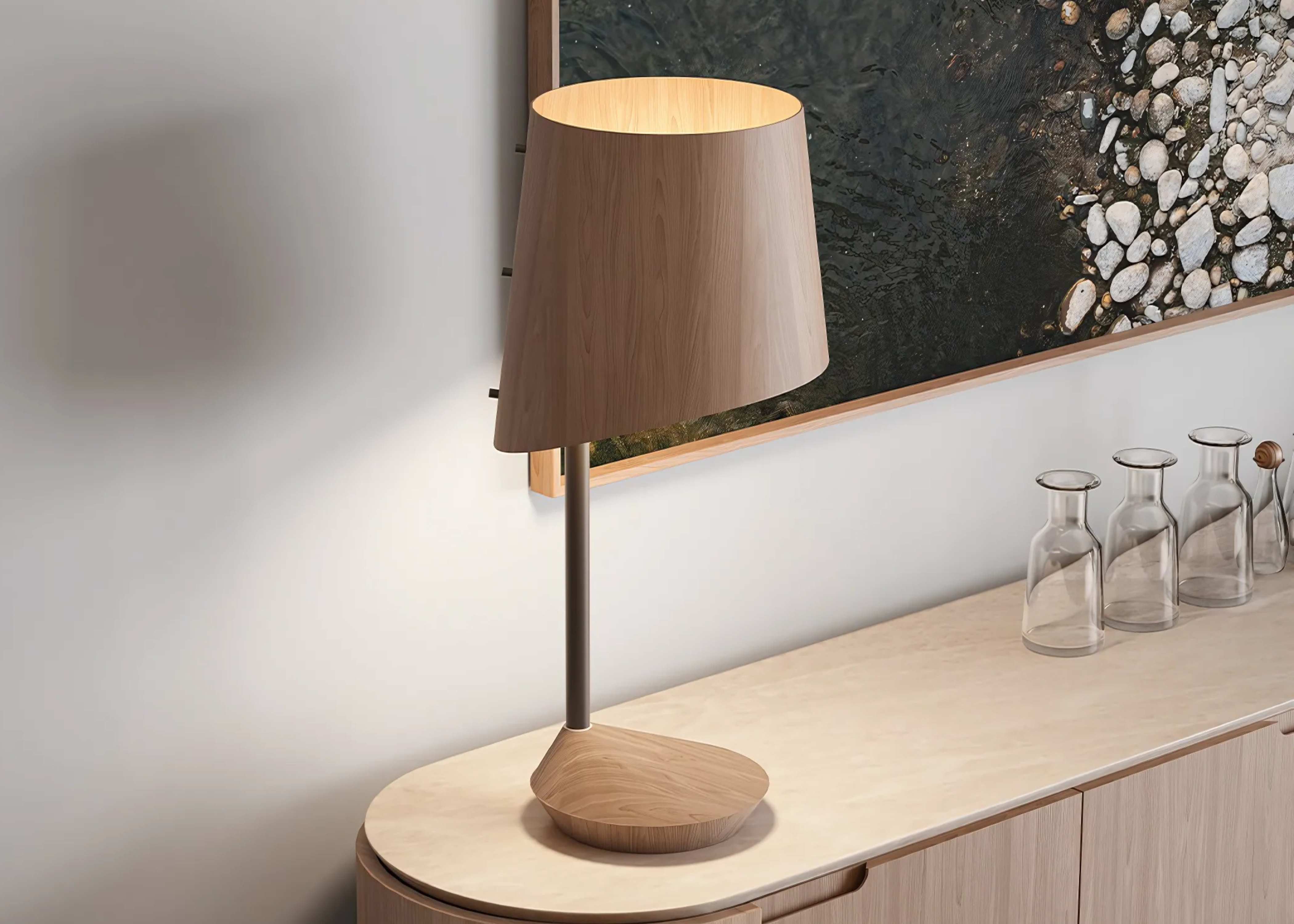 Detalhe da Luminária Charlie com foco na textura e acabamento da estrutura, vista aproximada. Peça com design moderno, ideal para compor ambientes elegantes e contemporâneos.