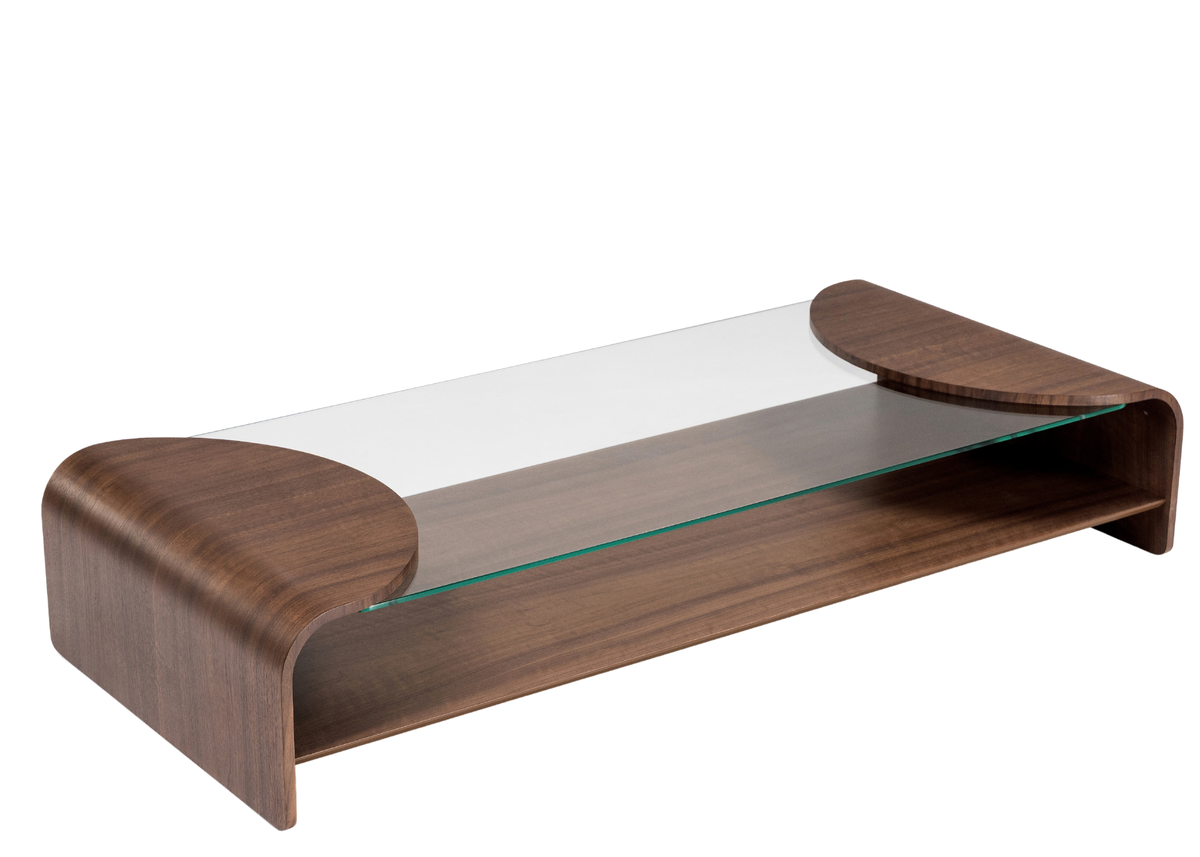 Mesa de Centro Arven em lâmina de madeira com tampo em vidro incolor, design moderno e sofisticado para salas de estar.