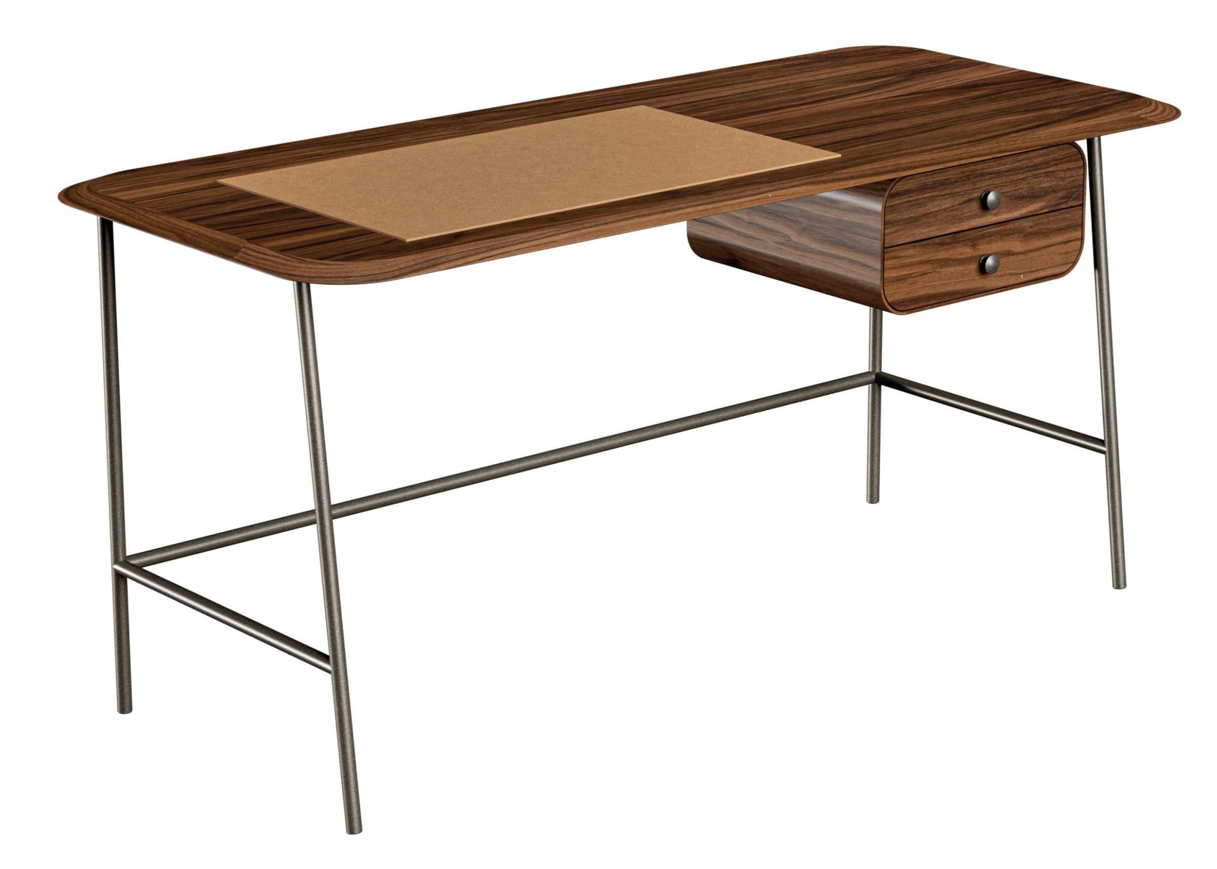Escrivaninha Oz com acabamento laminado e base em aço carbono, apresentando design elegante e sofisticado, ideal para compor escritórios e home offices modernos.
