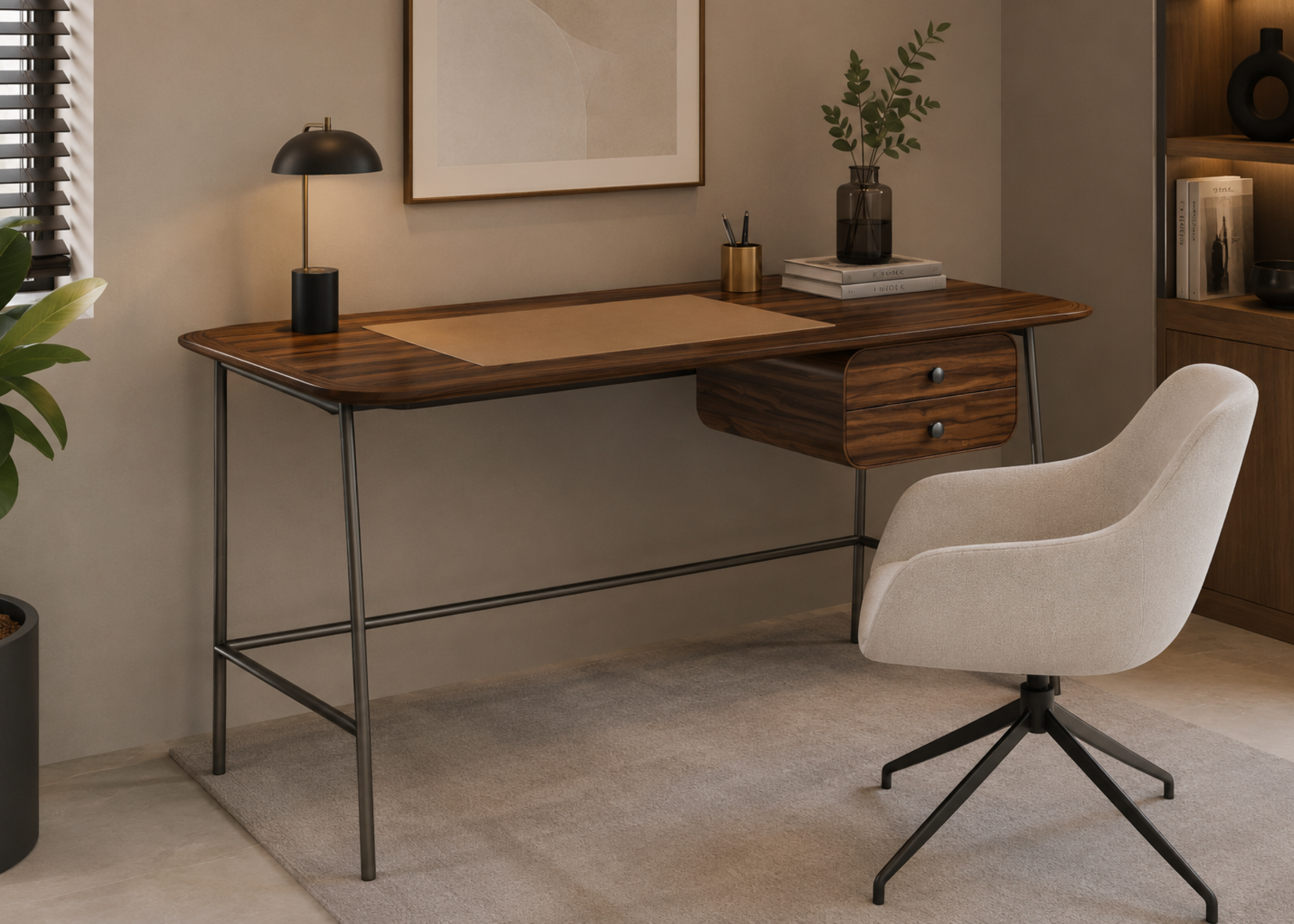 Escrivaninha Oz para escritório aconchegante e sofisticado, apresentando design elegante e funcional, ideal para compor ambientes de trabalho modernos.