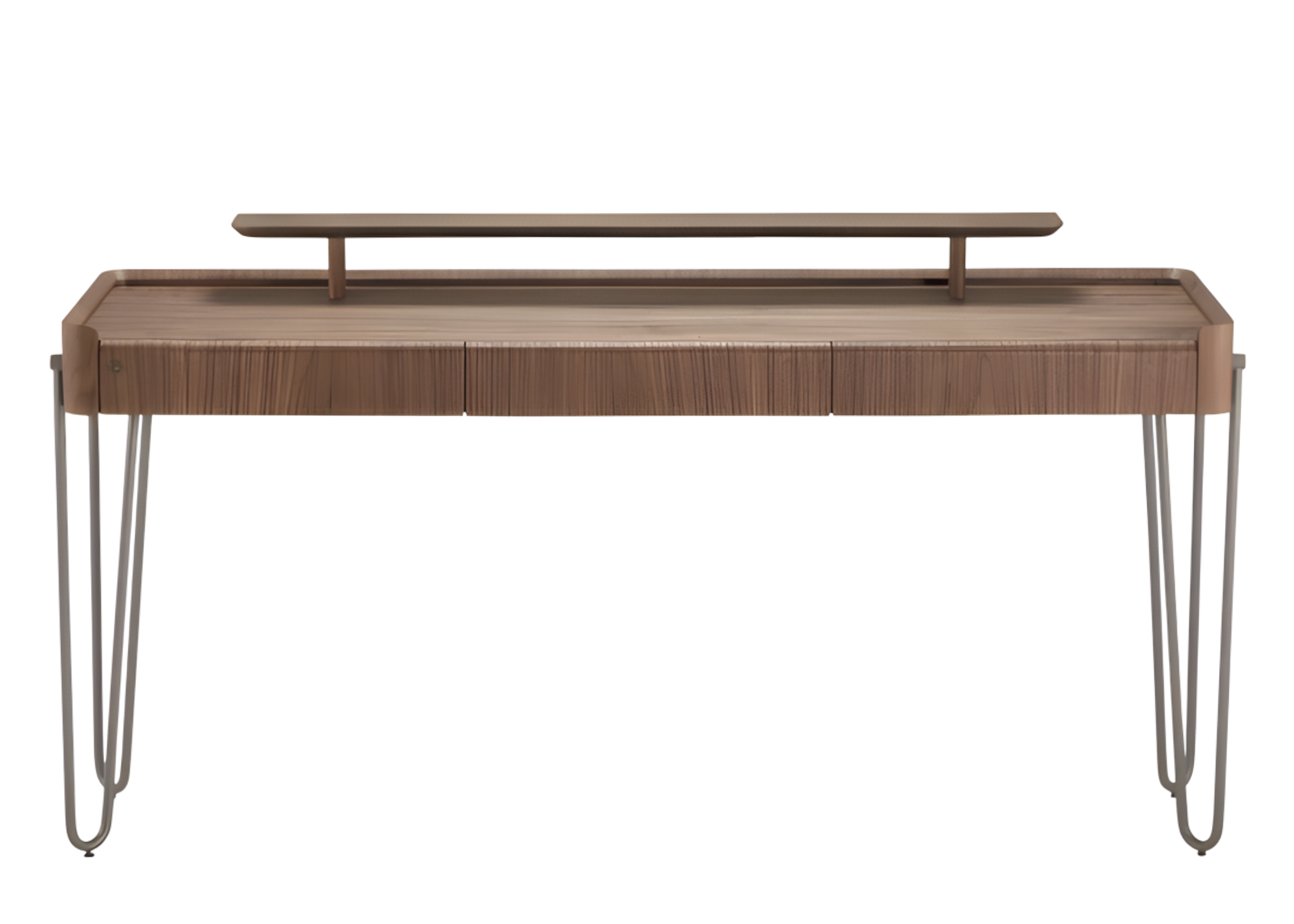 Escrivaninha para escritório com acabamento em lâmina de carvalho e base em aço carbono, design moderno e resistente, ideal para ambientes de trabalho elegantes.