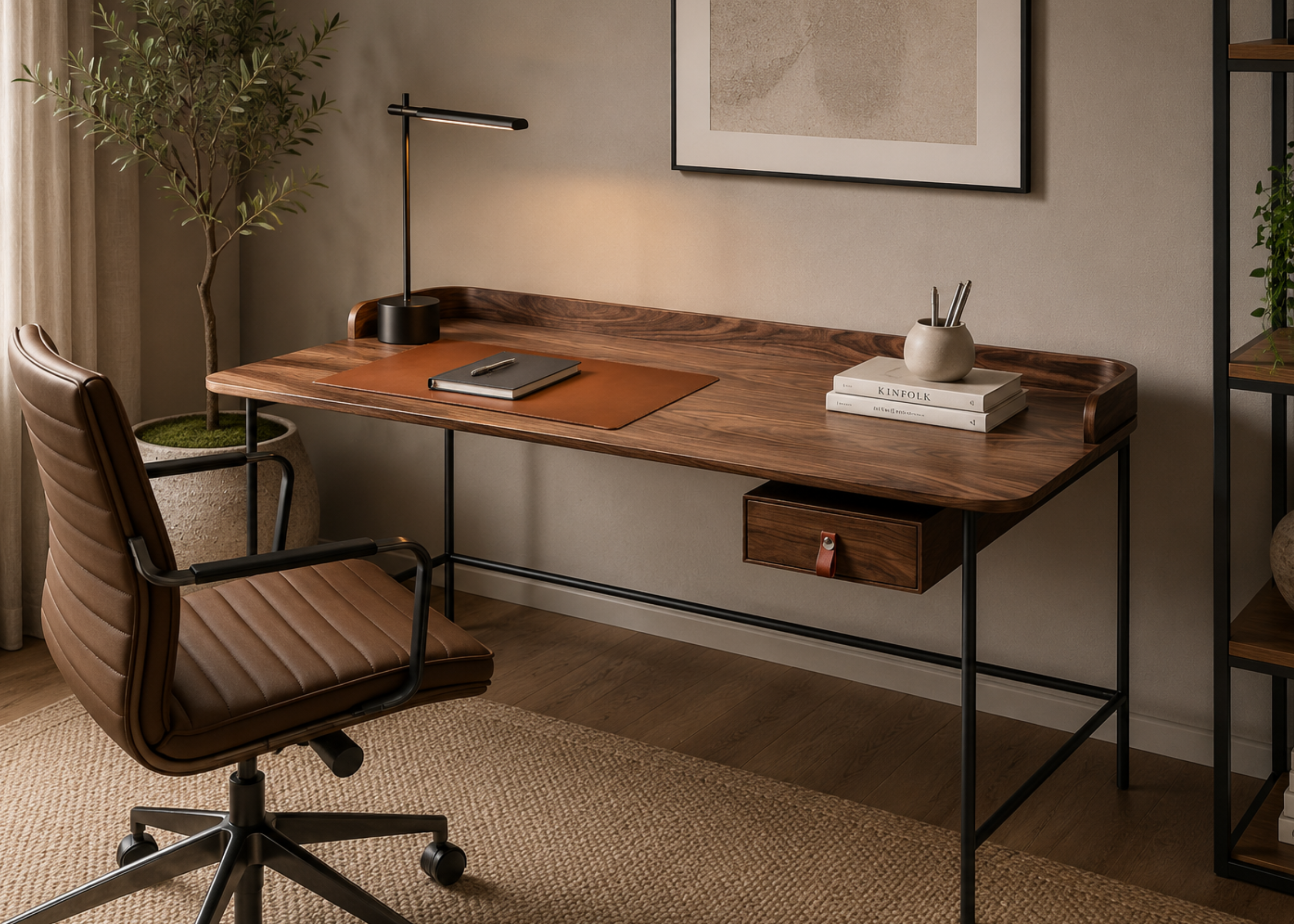Escrivaninha Zuca para escritório elegante, apresentando design sofisticado e funcional, ideal para compor ambientes de trabalho modernos.
