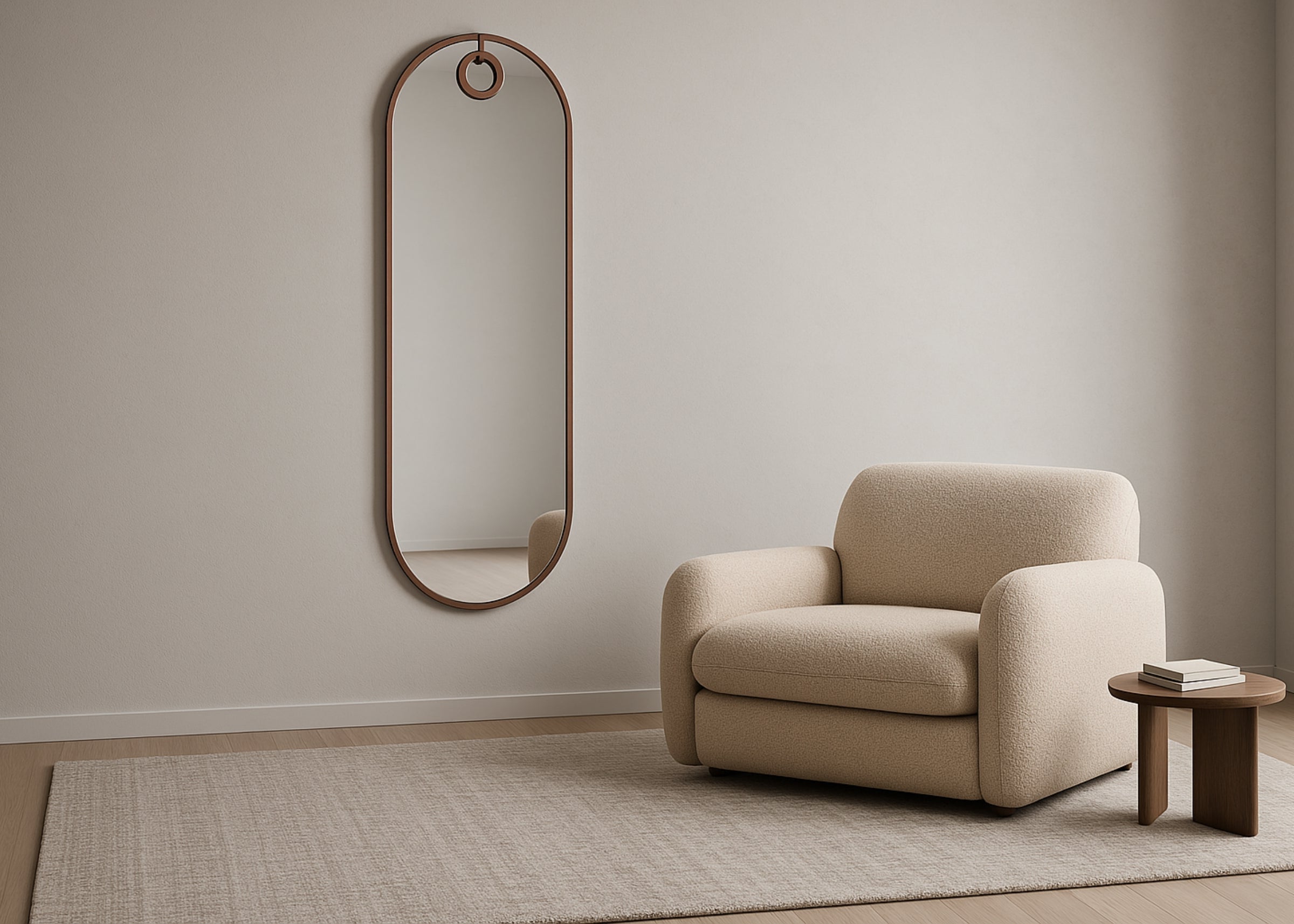 Ambiente moderno com espelho oblongo, acompanhado por poltrona decorativa. A composição valoriza a leveza e a sofisticação do espaço com design contemporâneo.