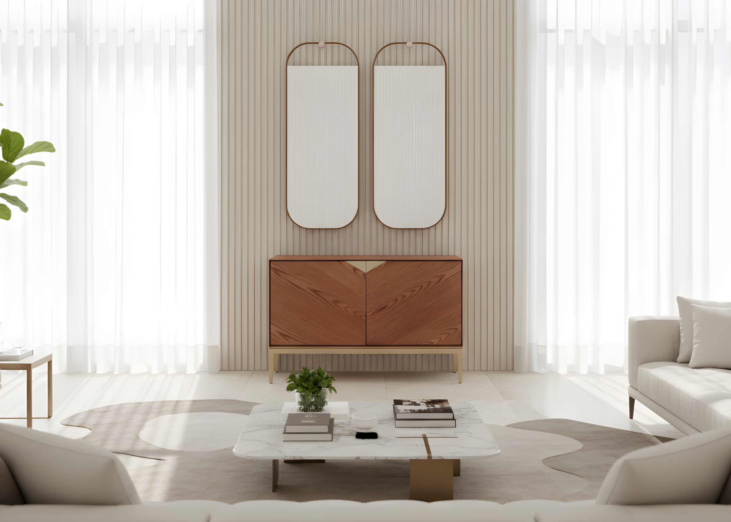 Conjunto Amalfi, Espelho e Buffet em acabamento lâmina de carvalho mel e detalhe em laca metalizada, design moderno e sofisticado, ideal para salas de jantar elegantes.