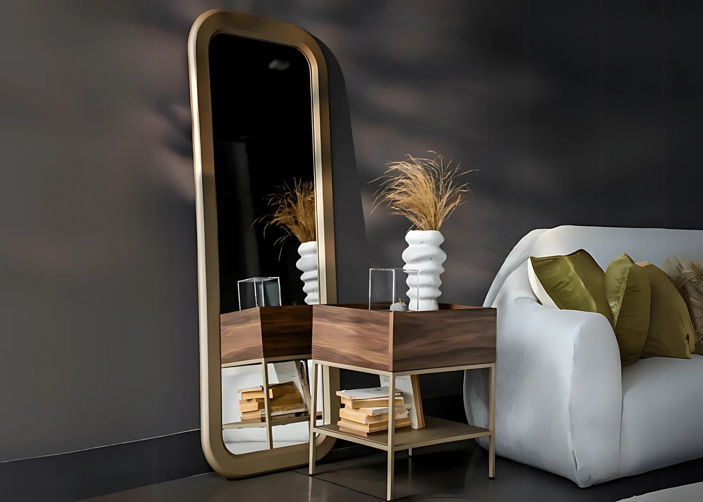 Espelho de chão com moldura em laca, modelo Carly, adicionando um toque de estilo e modernidade ao ambiente.