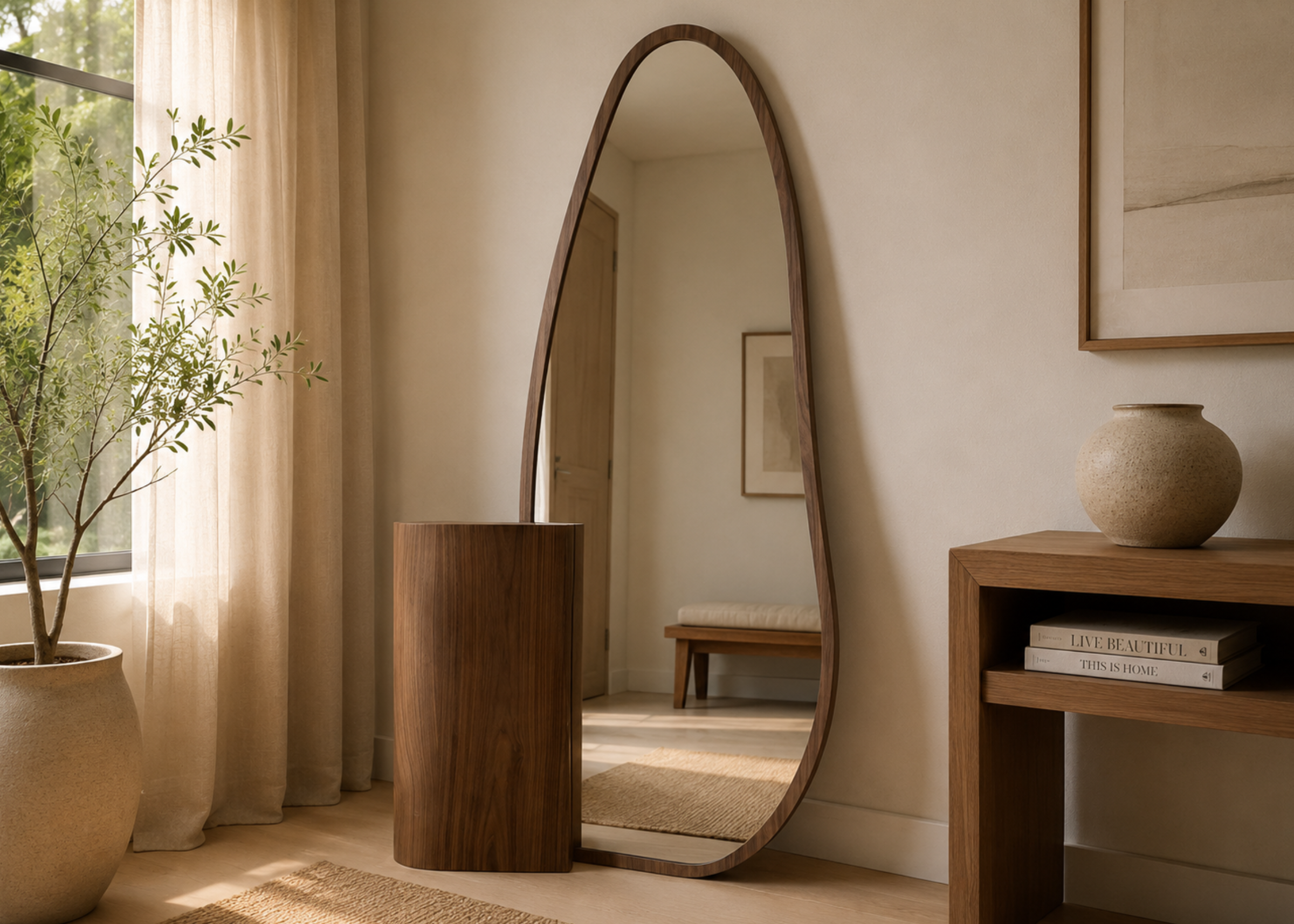 Espelho de Chão Frame em lâmina de madeira com linhas curvas e visual contemporâneo, perfeito para ambientes elegantes.