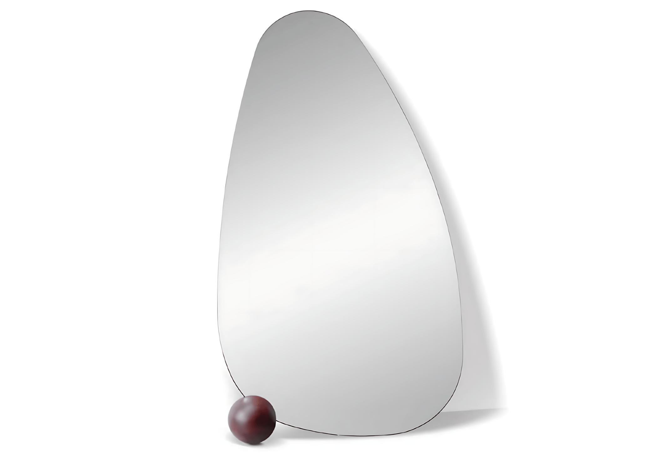 Espelho de chão Royal com formato orgânico e base com esfera decorativa, design moderno e escultural. Perfeito para halls, salas, quartos e closets.