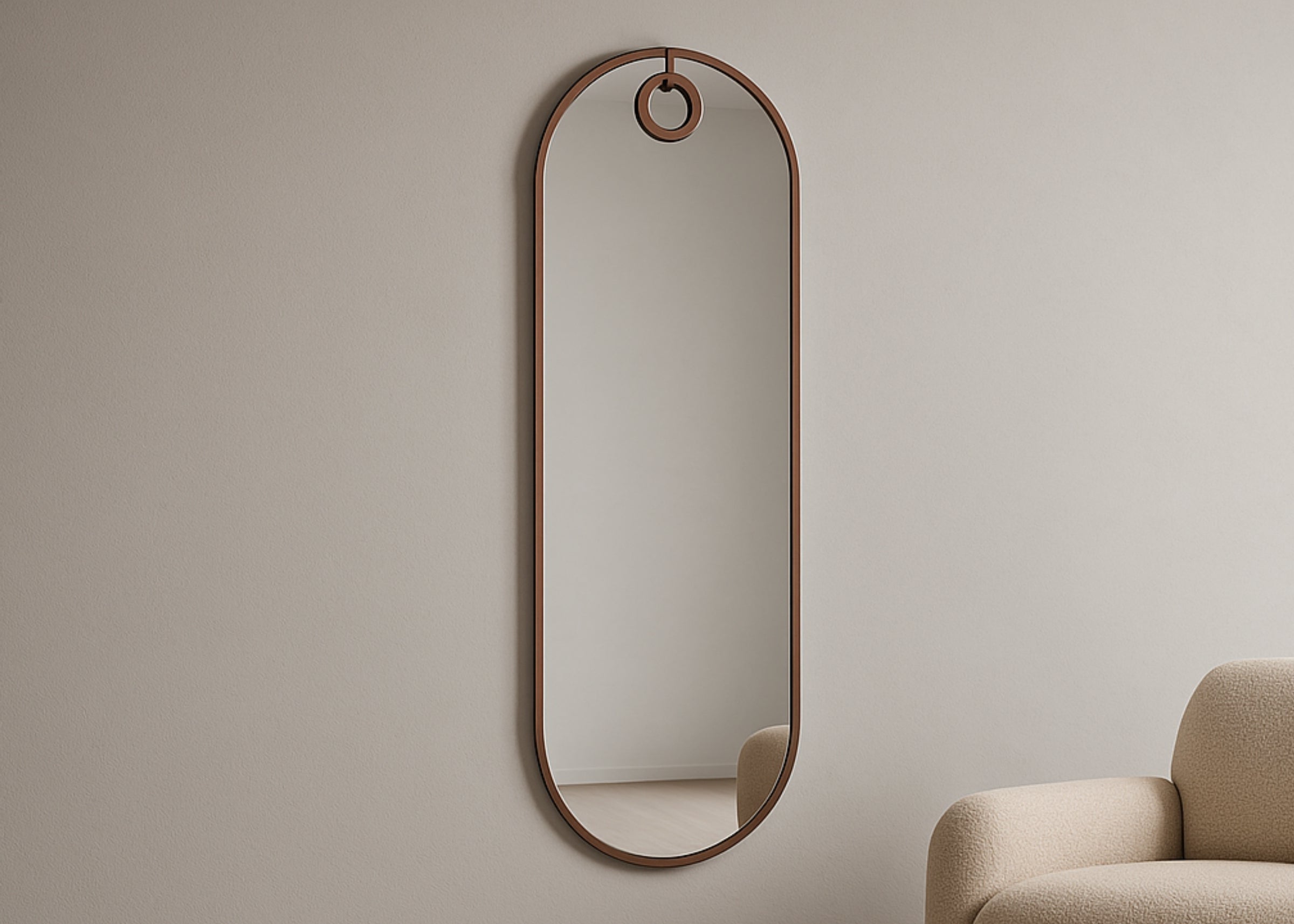 Espelho oblongo Arthemis em decoração contemporânea, ideal para salas de estar ou halls elegantes.