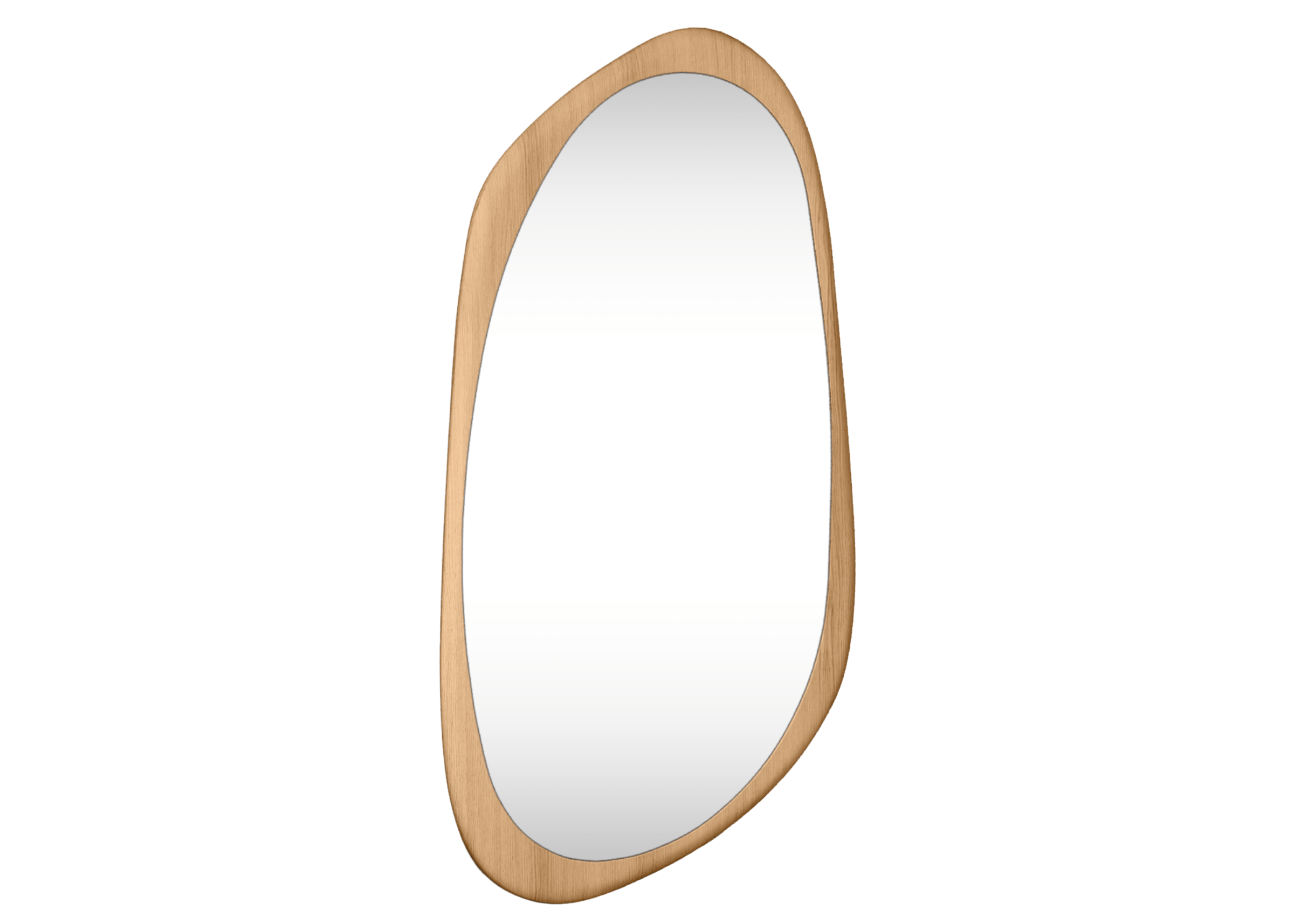 Espelho de parede modelo Davi com formato orgânico e moldura suave. Peça decorativa contemporânea, ideal para interiores elegantes, apresentada sobre fundo neutro.