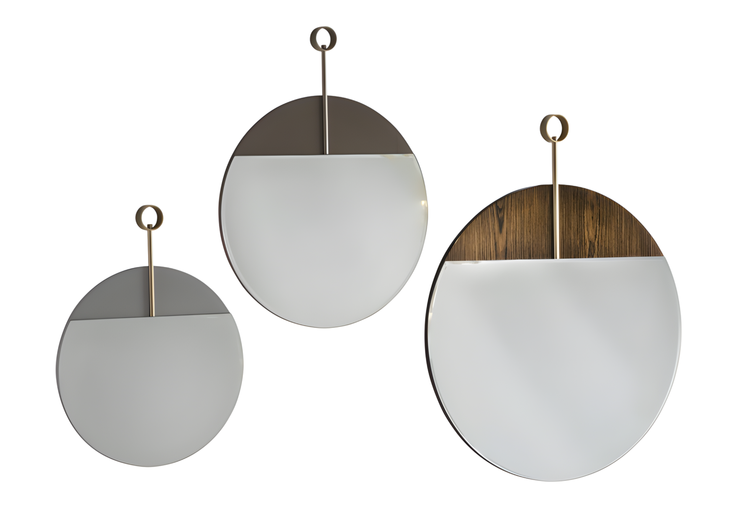 Espelho redondo modelo Lacenza em vidro prata lapidado com suporte em alumínio, design sofisticado e contemporâneo.