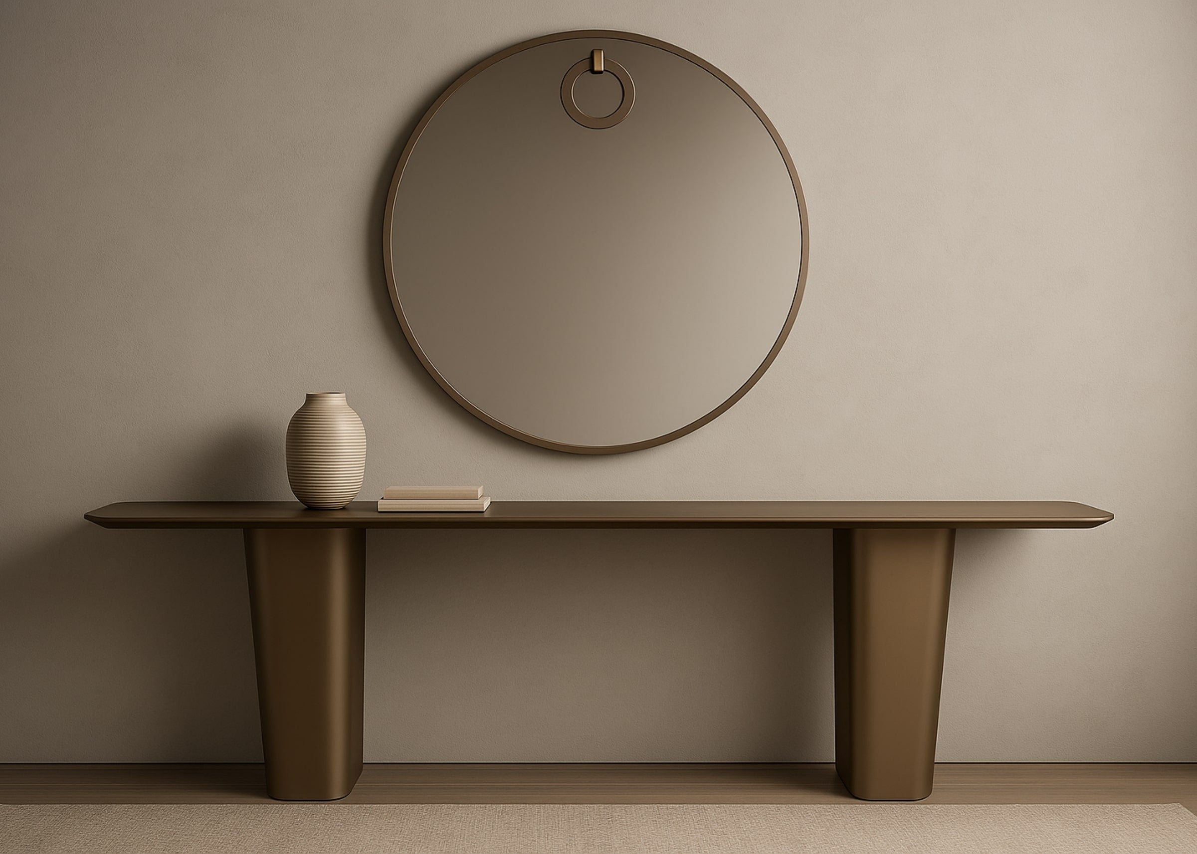 Espelho redondo Arthemis decorativo com moldura fina em acabamento de alto padrão.