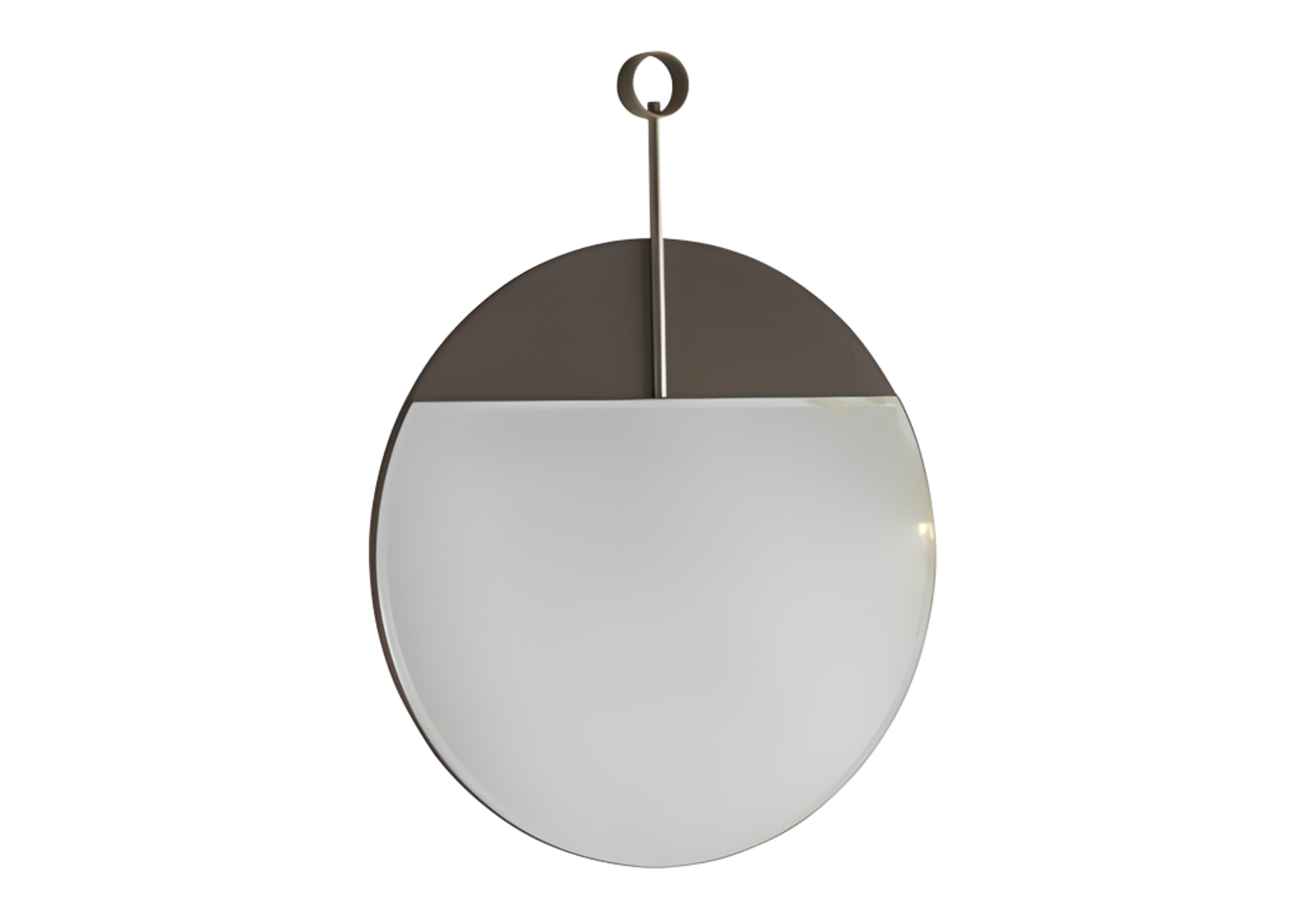 Espelho redondo modelo Lacenza com suporte em acabamento laqueado cinza e bordas lapidadas, ideal para ambientes modernos.