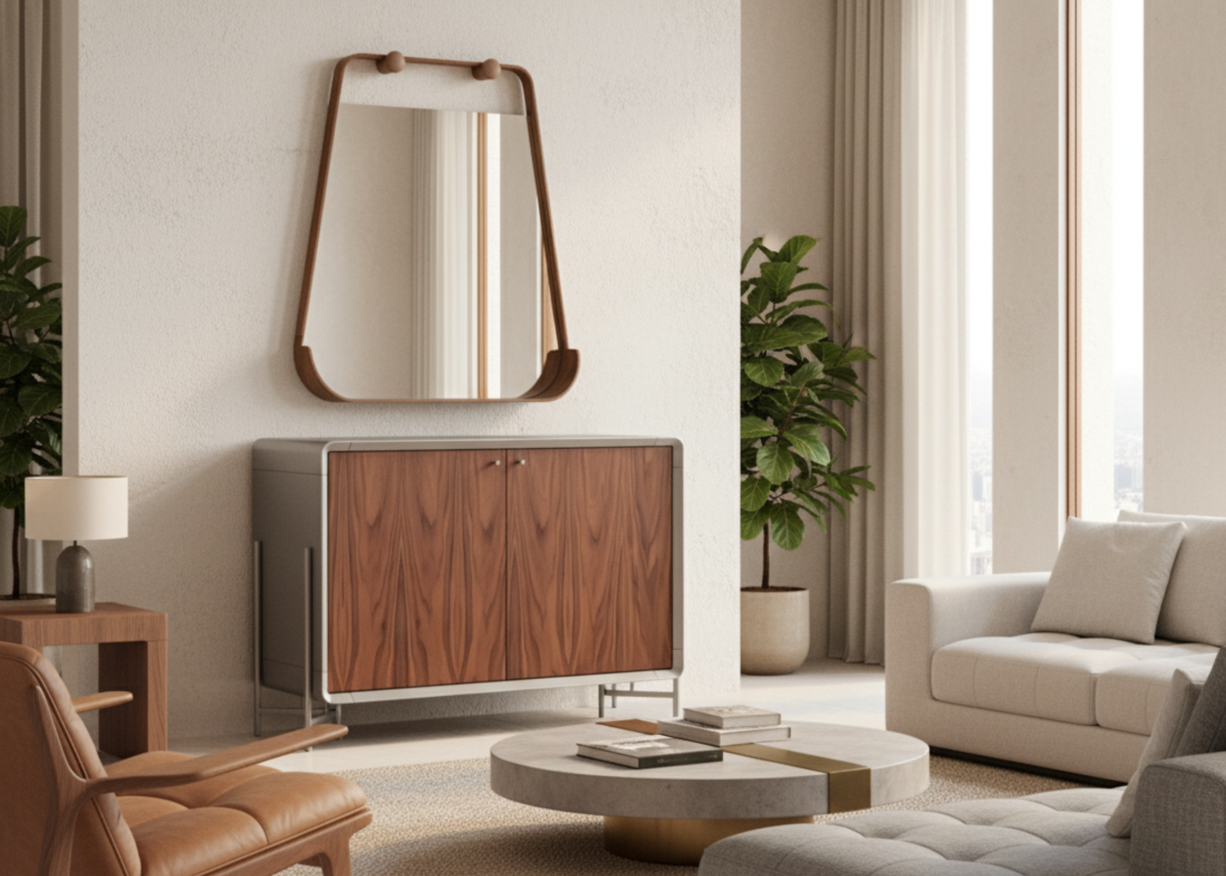 Conjunto Cartago composto por espelho e buffet com acabamento em lâmina de carvalho mel, design moderno e sofisticado, ideal para compor salas de jantar elegantes e acolhedoras.