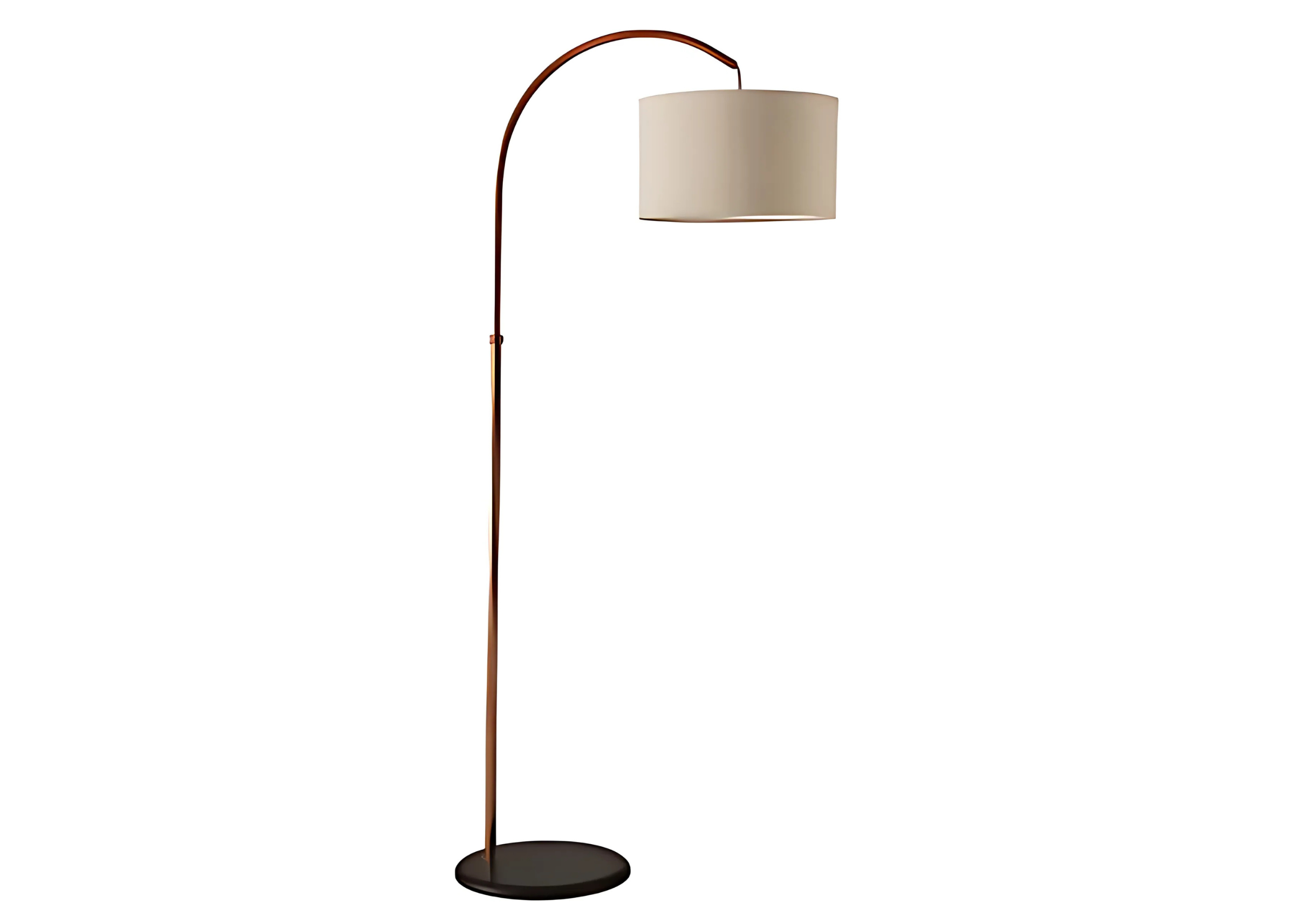 Luminária de coluna arco com cúpula de tecido, oferecendo iluminação suave e um toque moderno e elegante ao ambiente.