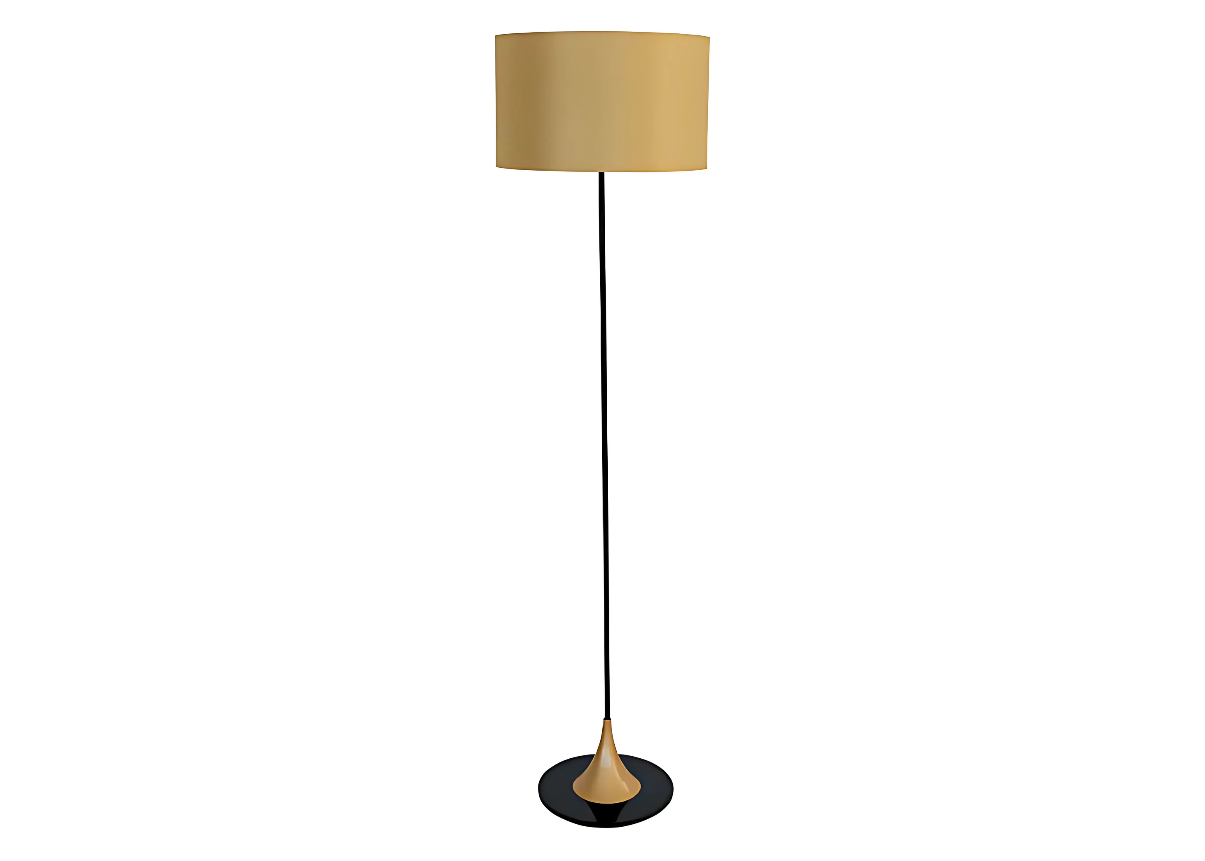 Luminária de coluna com cúpula dourada e haste preta, ideal para adicionar um toque sofisticado e contemporâneo à iluminação de ambientes modernos.