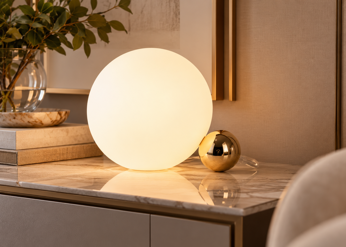 Luminária de mesa 4080 com detalhe em metal dourado e difusor em vidro leitoso, ideal para uma decoração elegante e sofisticada.