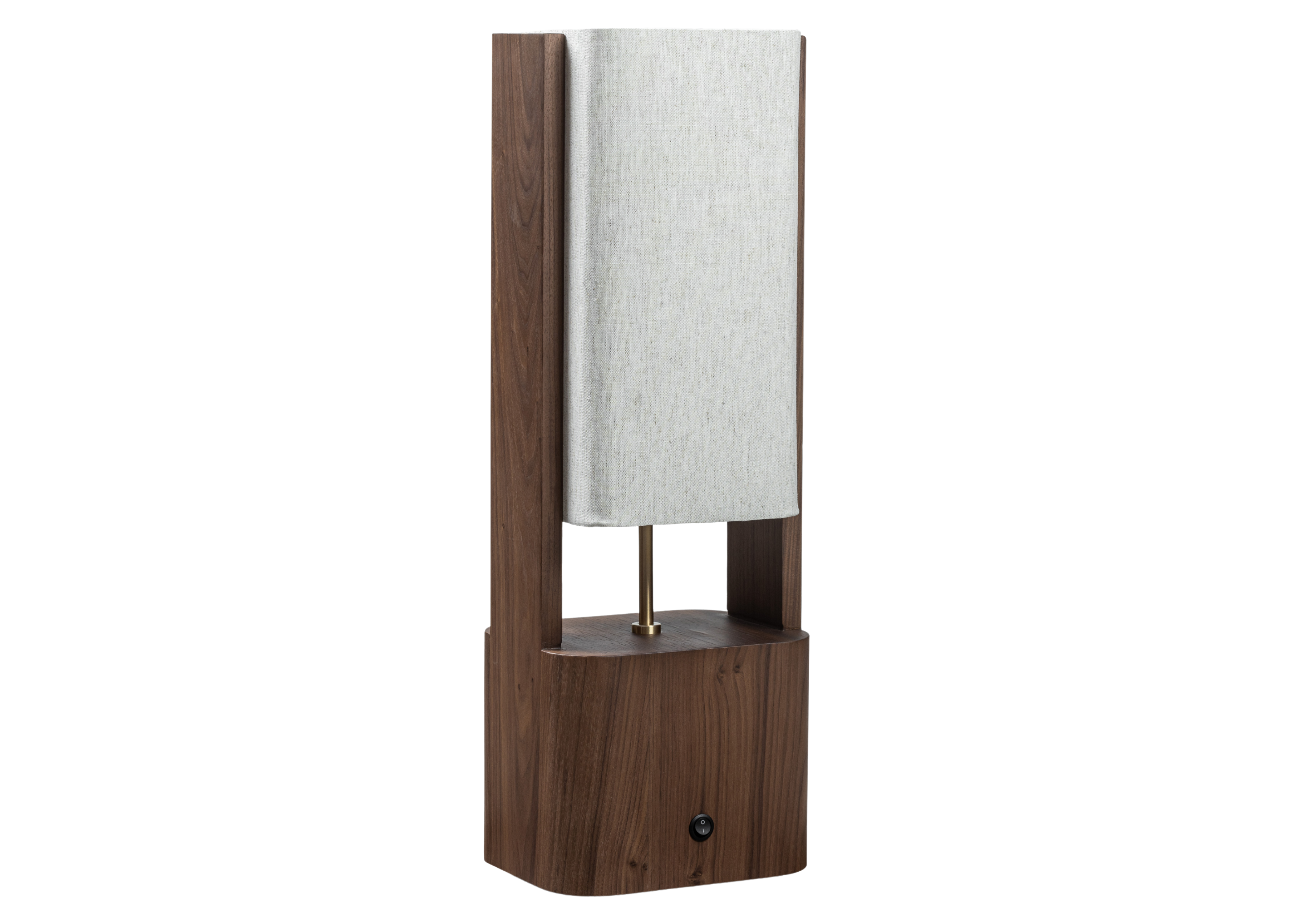 Luminária de mesa com base em madeira e cúpula de tecido linho cinza, modelo Dublin, perfeita para quartos com decoração aconchegante e elegante.