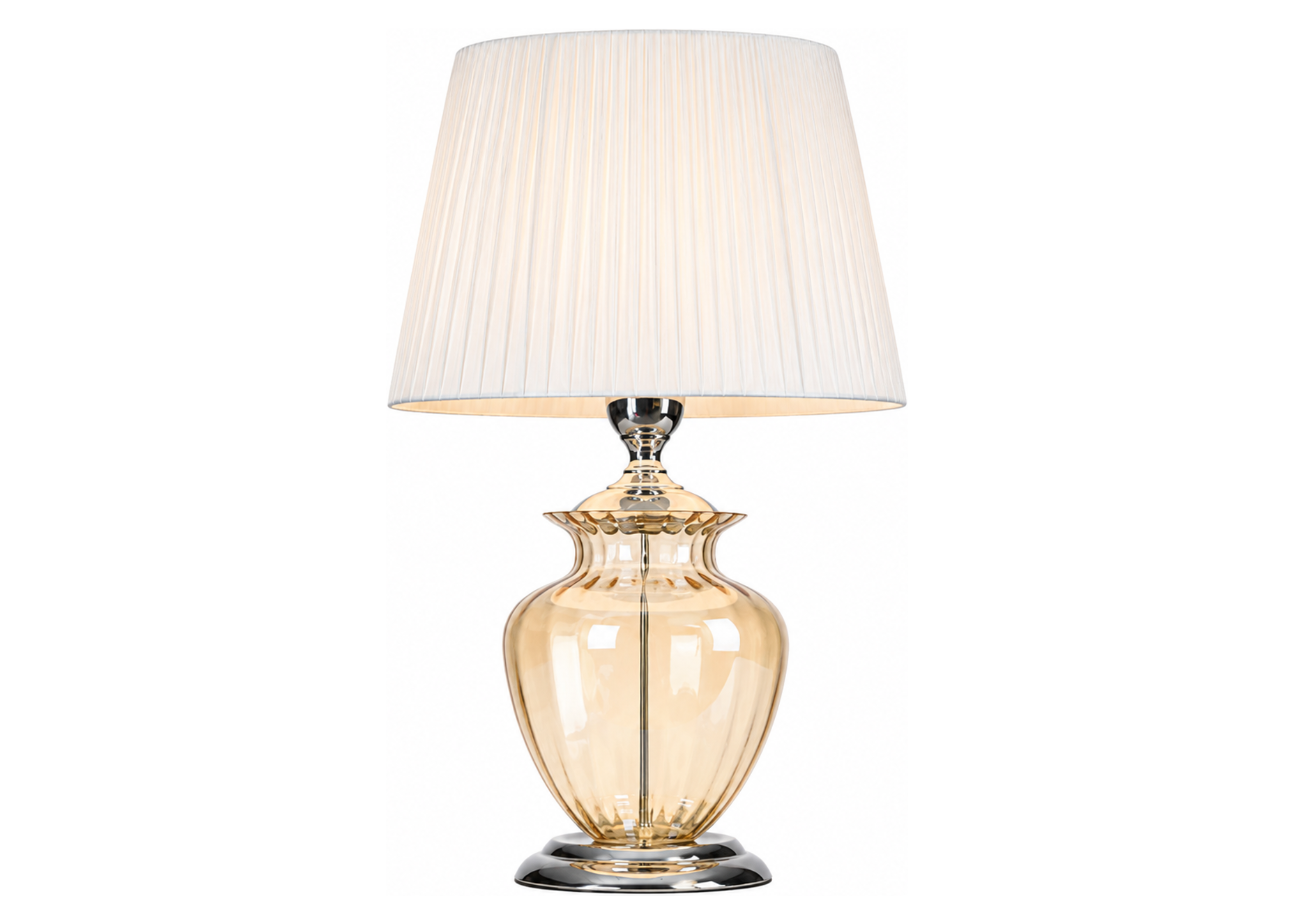 Luminária de mesa 4043 com suporte e detalhes em metal cromado, base em vidro âmbar e cúpula em tecido, apresentando design elegante e sofisticado.