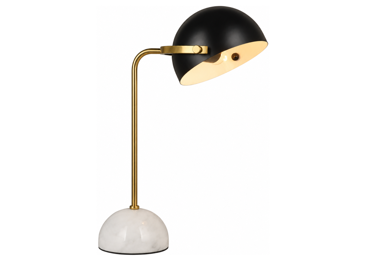 Luminária de mesa 4120 com cúpula em metal preto, haste dourada e base em mármore, apresentando design elegante e sofisticado.