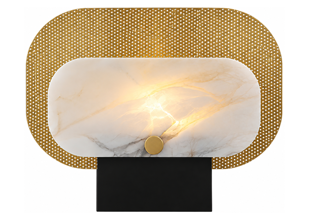 Luminária de mesa 4132 com base em vidro preto, difusor em alabastro e detalhe em metal dourado fosco, apresentando design elegante e sofisticado.