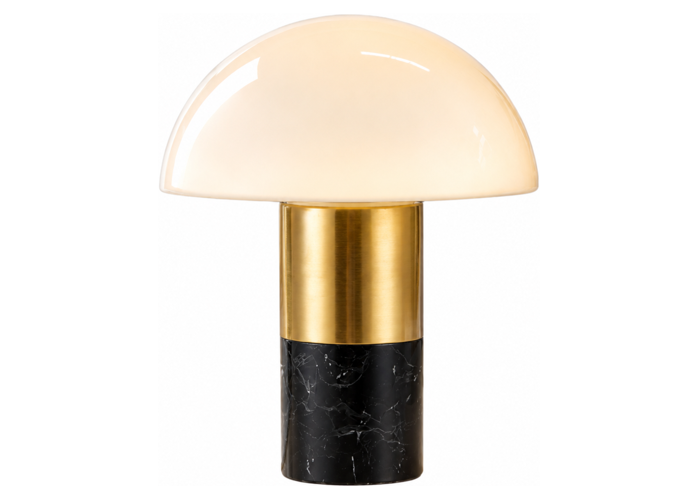 Luminária de mesa 4133 com base em mármore preto, metal dourado e cúpula em vidro, apresentando design elegante e sofisticado.
