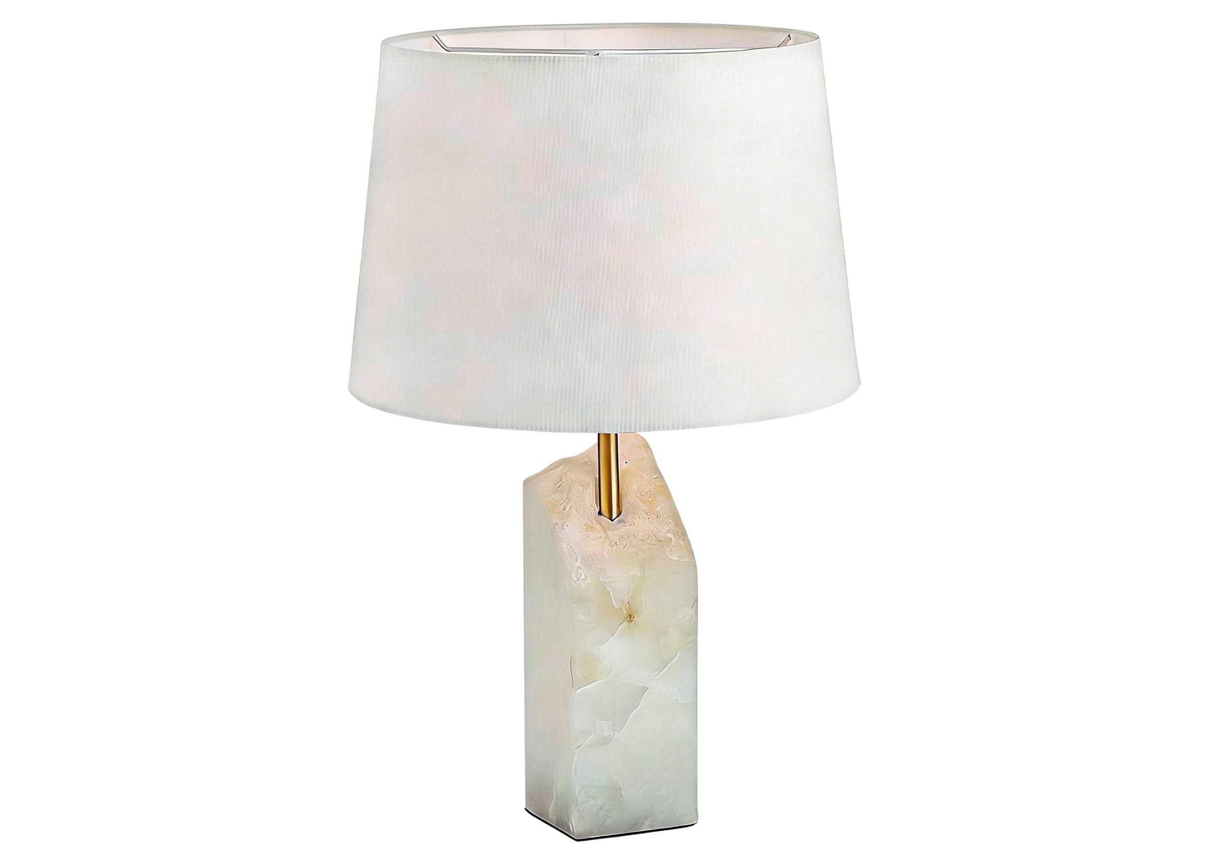 Luminária de mesa 4140 com base em mármore, haste em metal dourado e cúpula em tecido branco, apresentando design elegante e sofisticado.