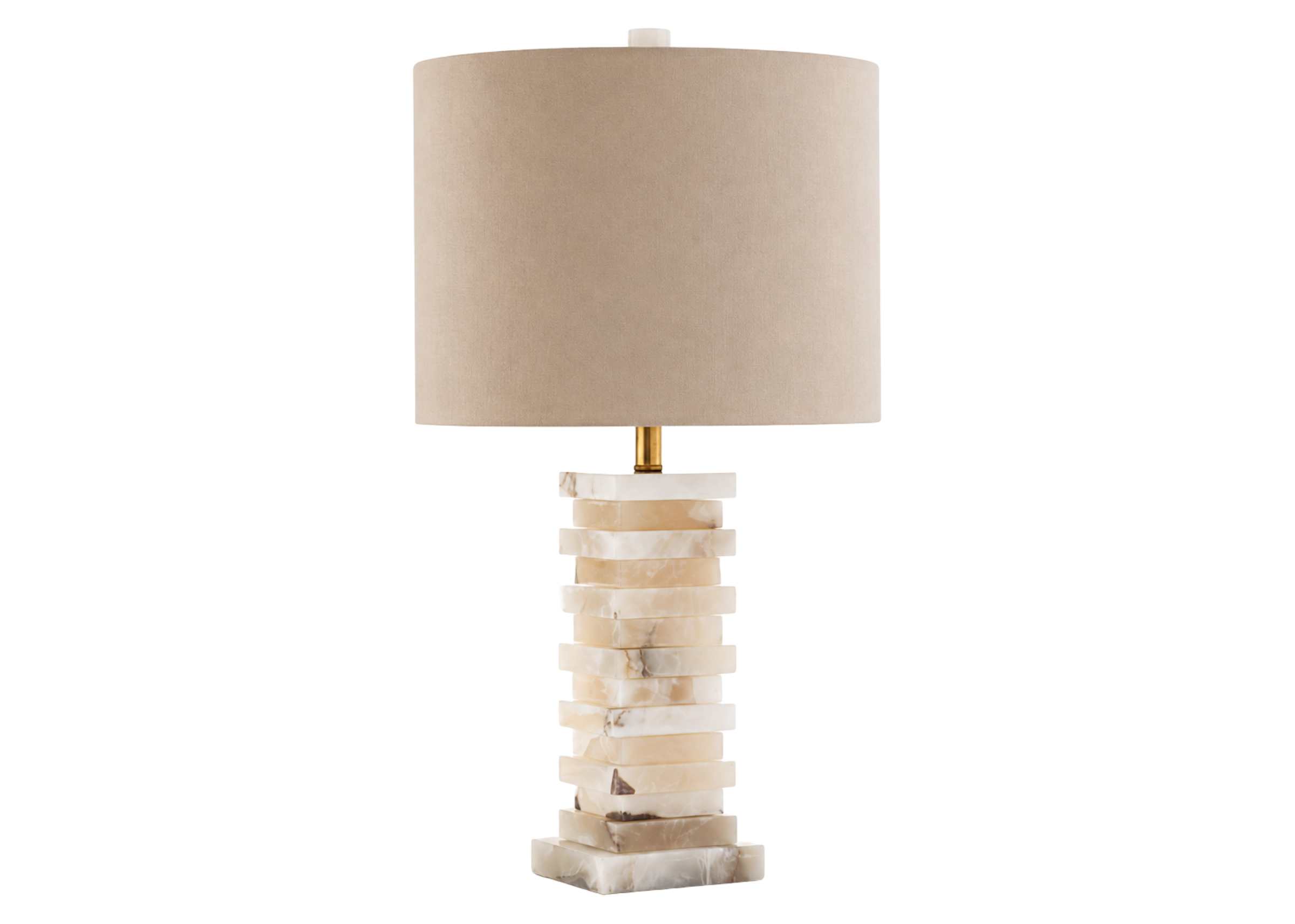 Luminária de mesa 4141 com haste em metal dourado, base em mármore e cúpula em tecido, apresentando design elegante e sofisticado.