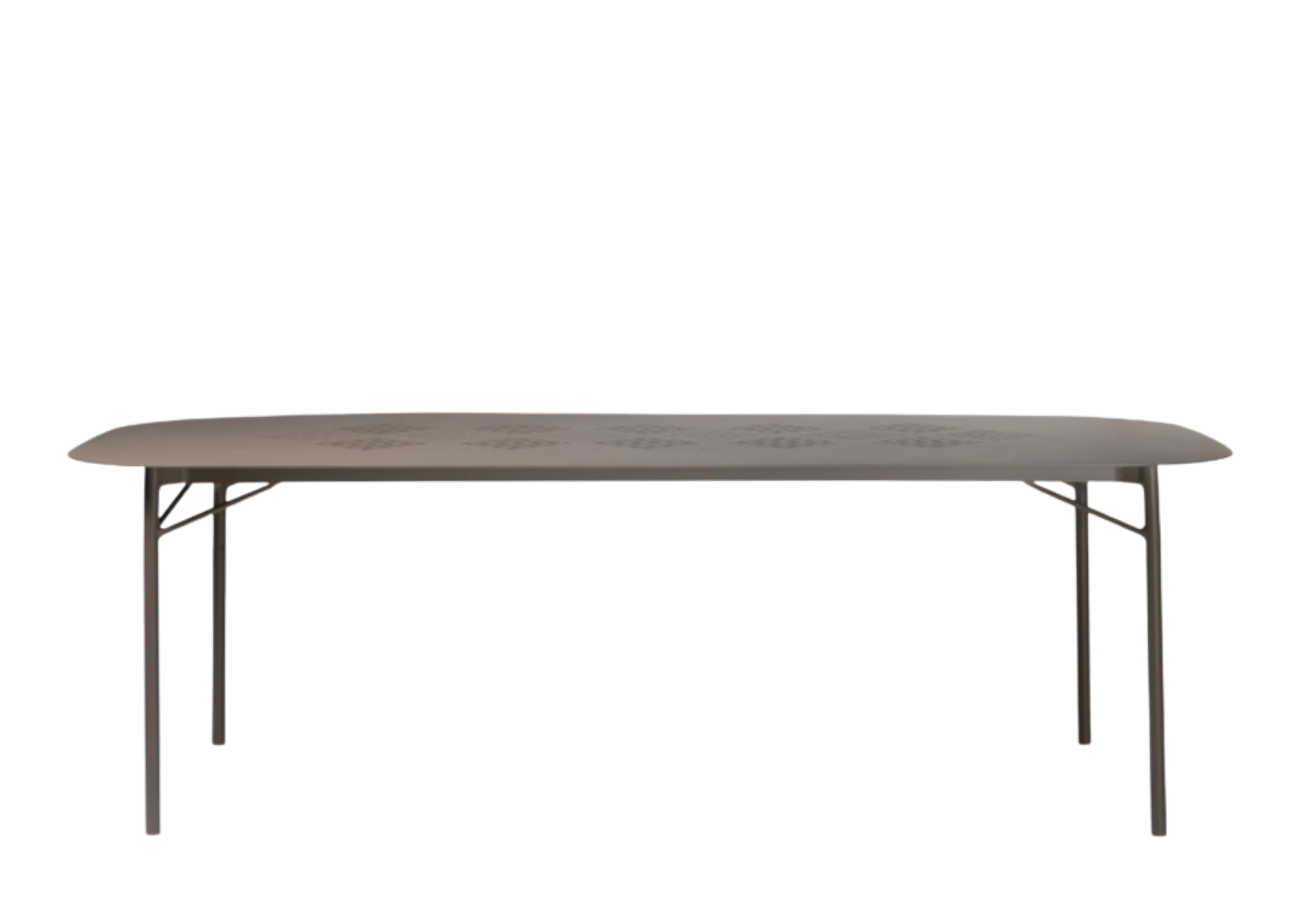 Mesa retangular para área externa com estrutura em alumínio grafite. Design moderno e resistente, ideal para ambientes ao ar livre, apresentada sobre fundo neutro.